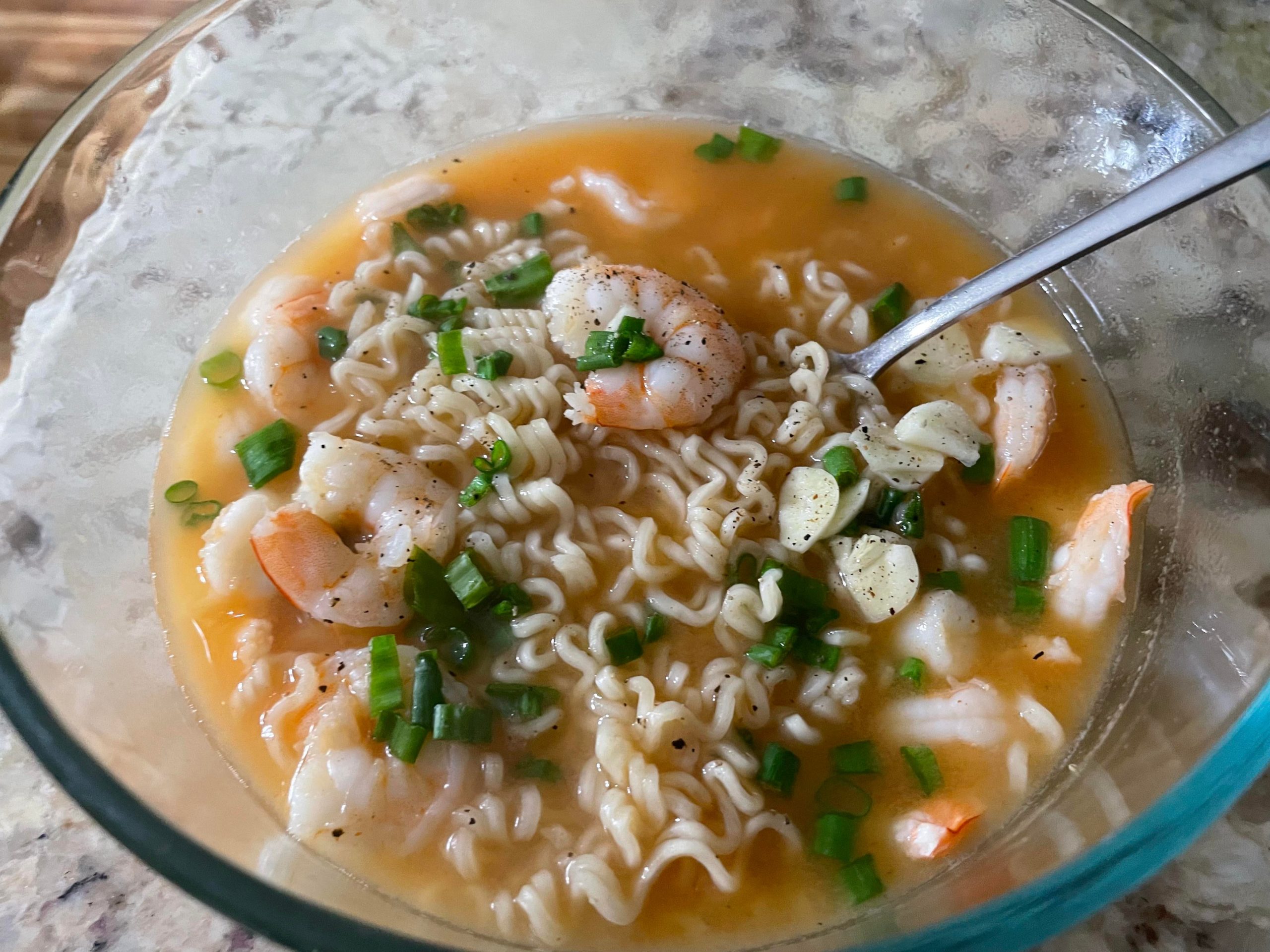 Shrimp ramen in a miso ginger broth. Dining and Cooking