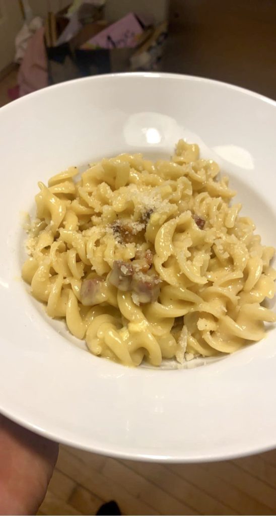 Made carbonara with fusilli noodles