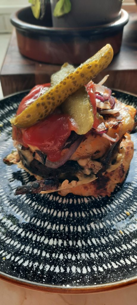Cheeseburger stack, homemade hash browns. Delicious.