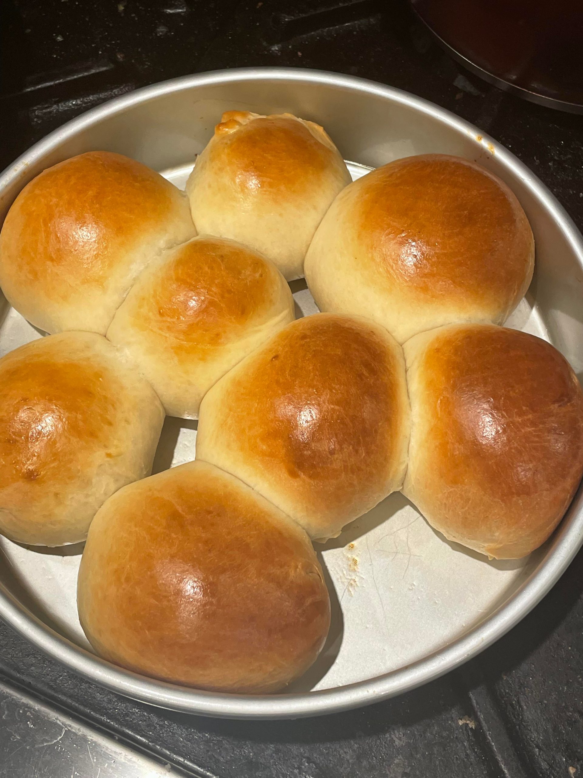 Japanese milk bread rolls, in a pan slightly too large so they didn’t