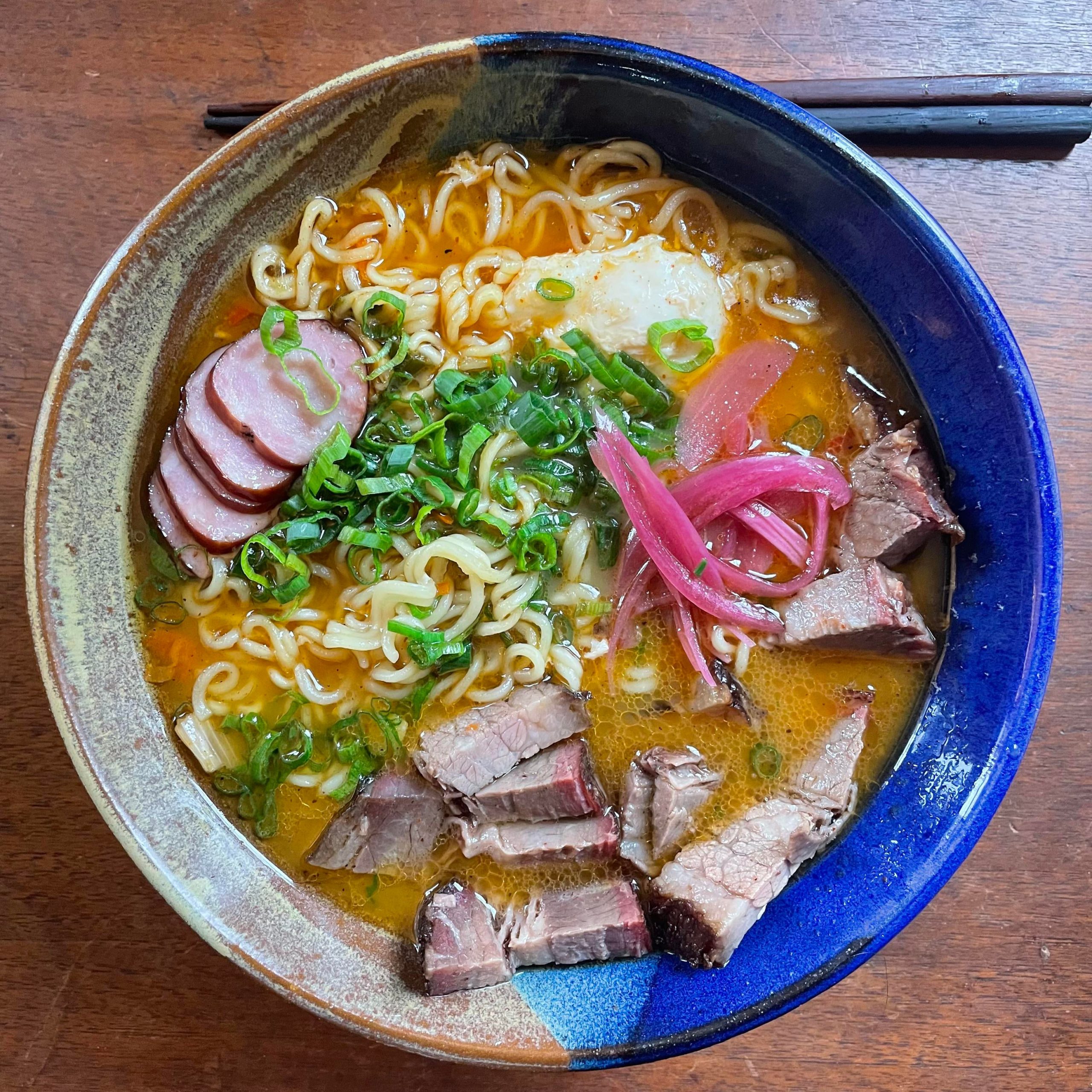 Shin black, leftover 35day dry age brisket, smoked bratwurst, poached