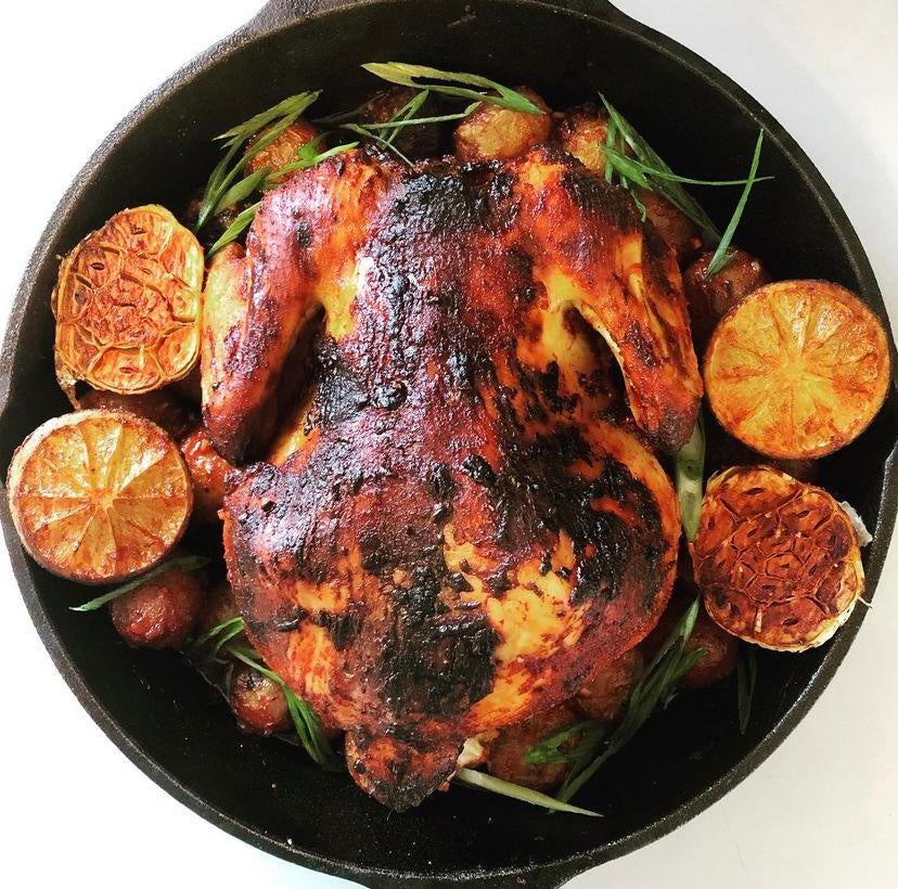 Slowroasted gochujang chicken over potatoes. Dining and Cooking