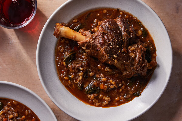 French Onion-Braised Lamb Shanks With Barley and Greens