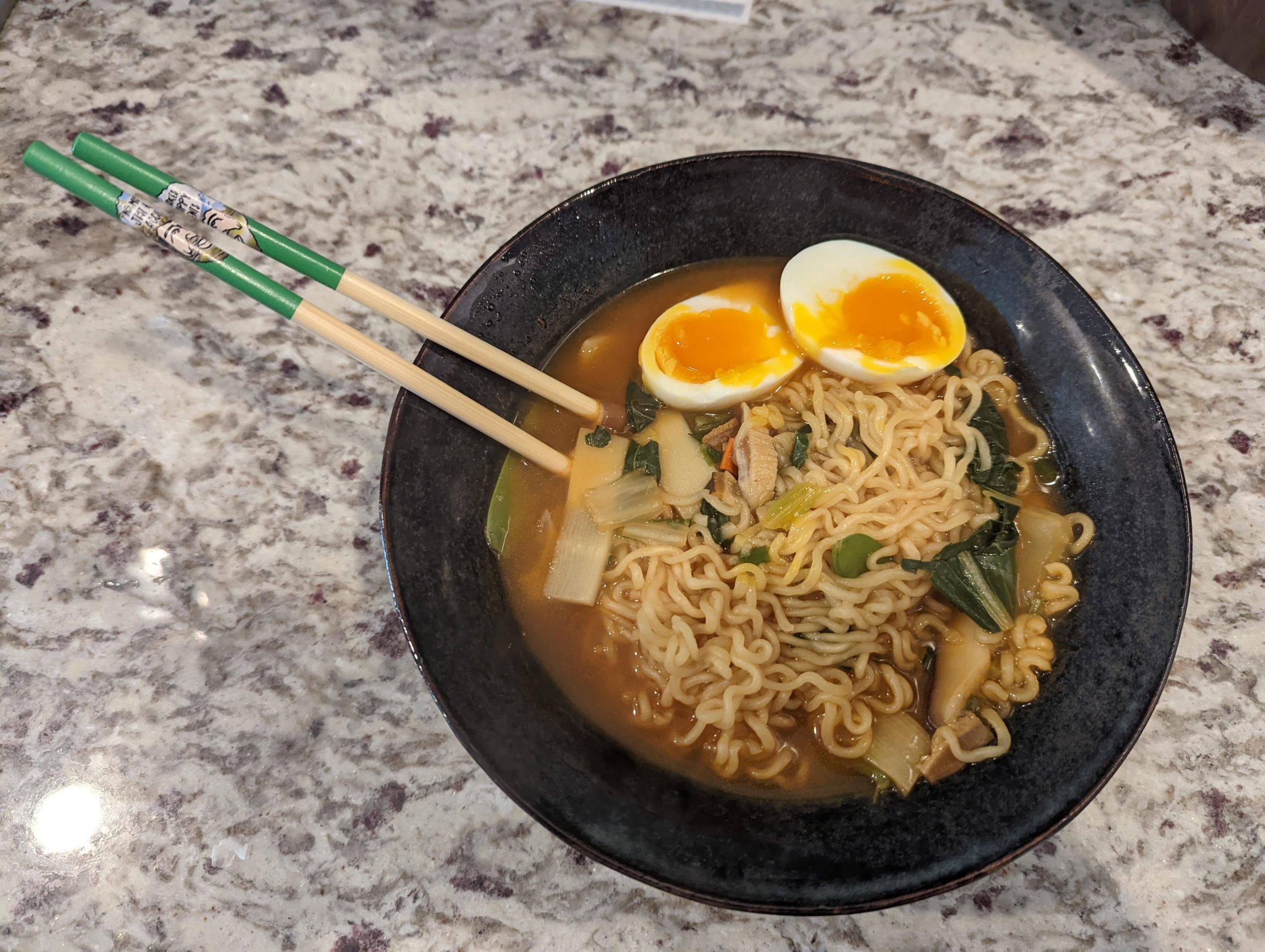 Dressed up some Shin instant ramen. Soft boiled egg, bok choy, snow