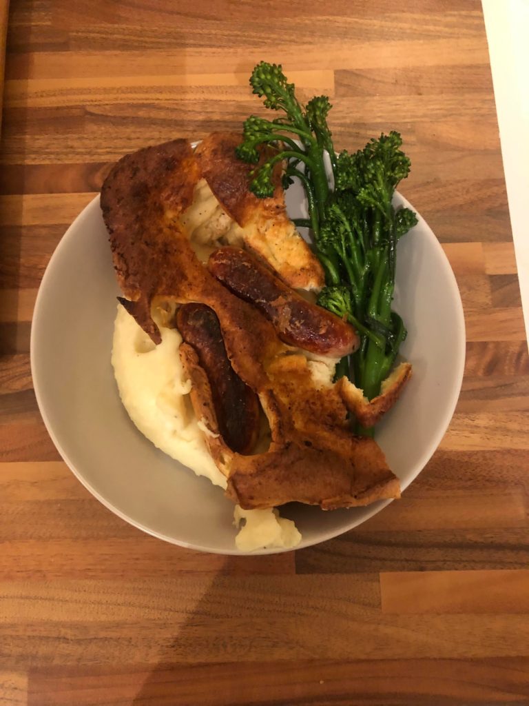 Toad in the hole with mash and greens. Gravy was en route.