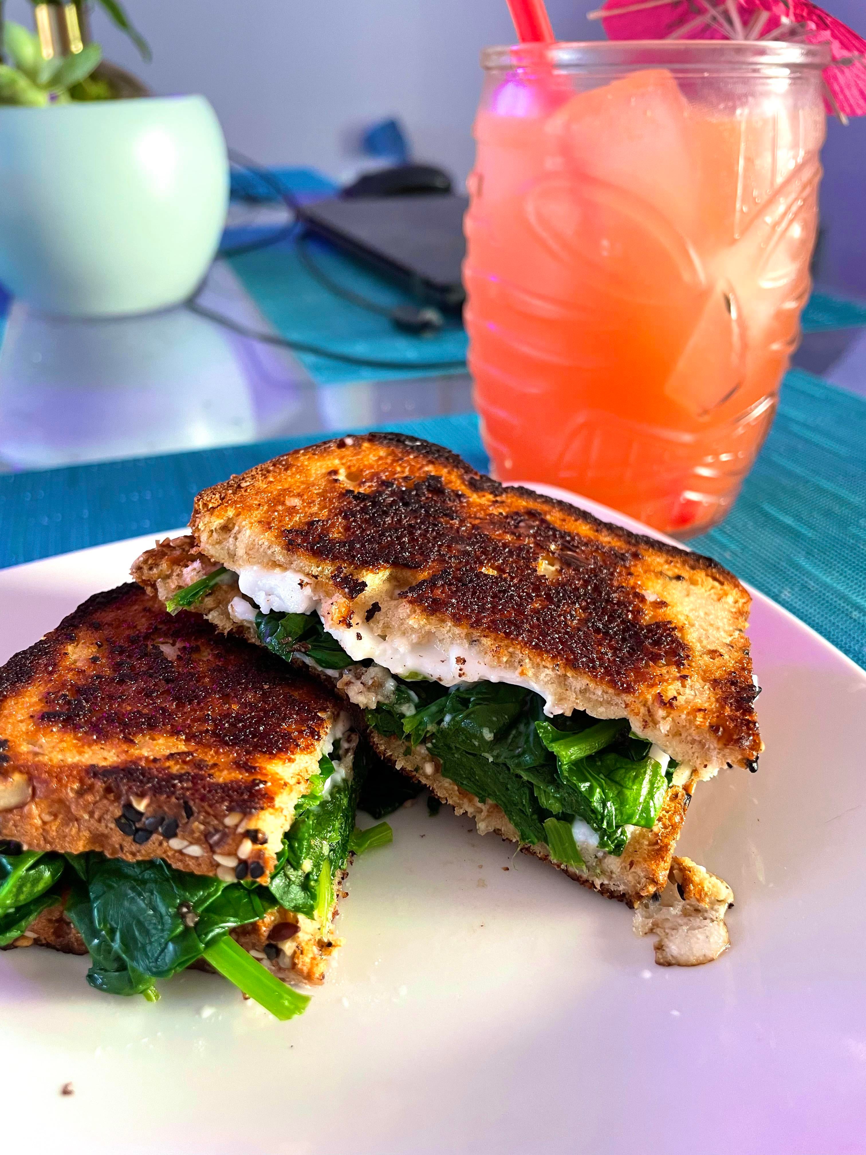 vegan spinach feta grilled cheese using trader joe’s vegan feta (& a
