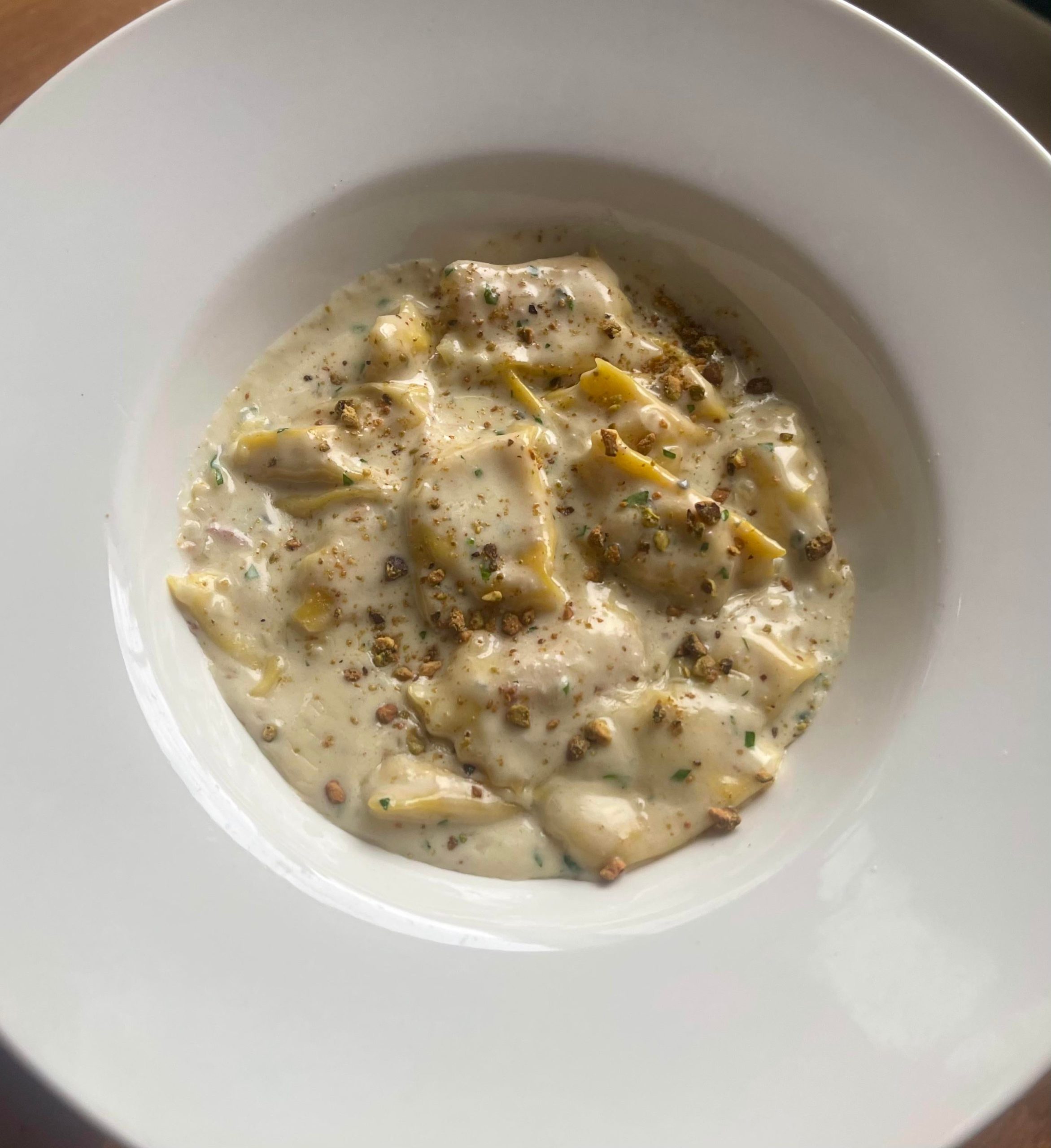 Agnolotti filled with mortadella and ricotta, Smokey dolce