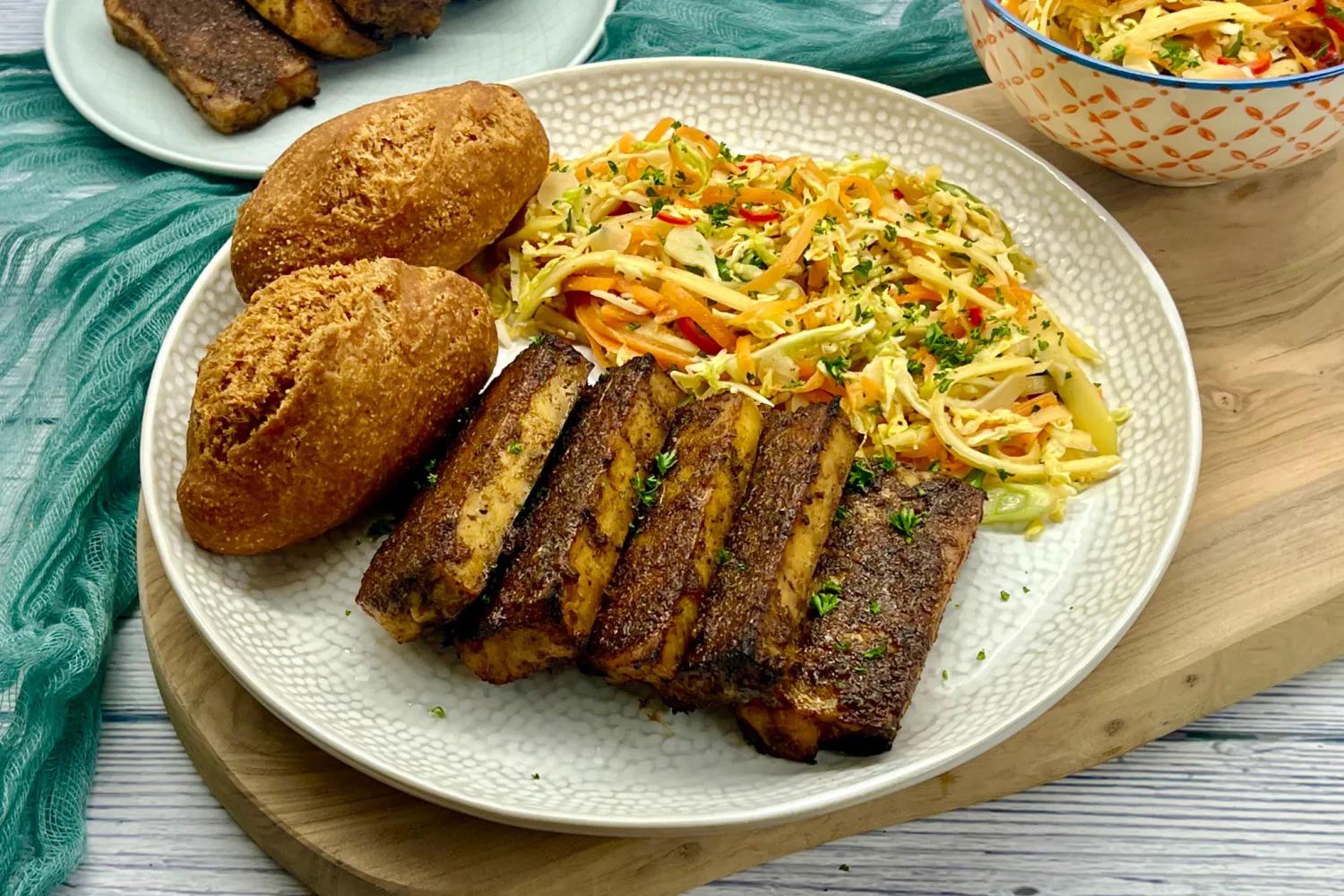 Jamaican Jerk Tofu with Festival Dumplings and Caribbean Coleslaw