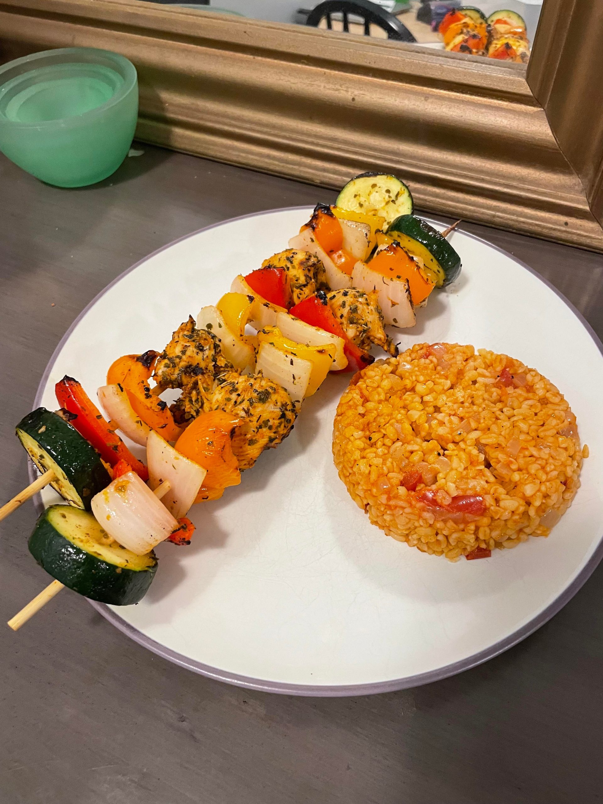400 calories chicken kabob with Lebanese bulgur pilaf and Greek