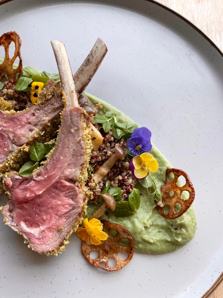 Herb crusted lamb with pea purée for my school cooking competition