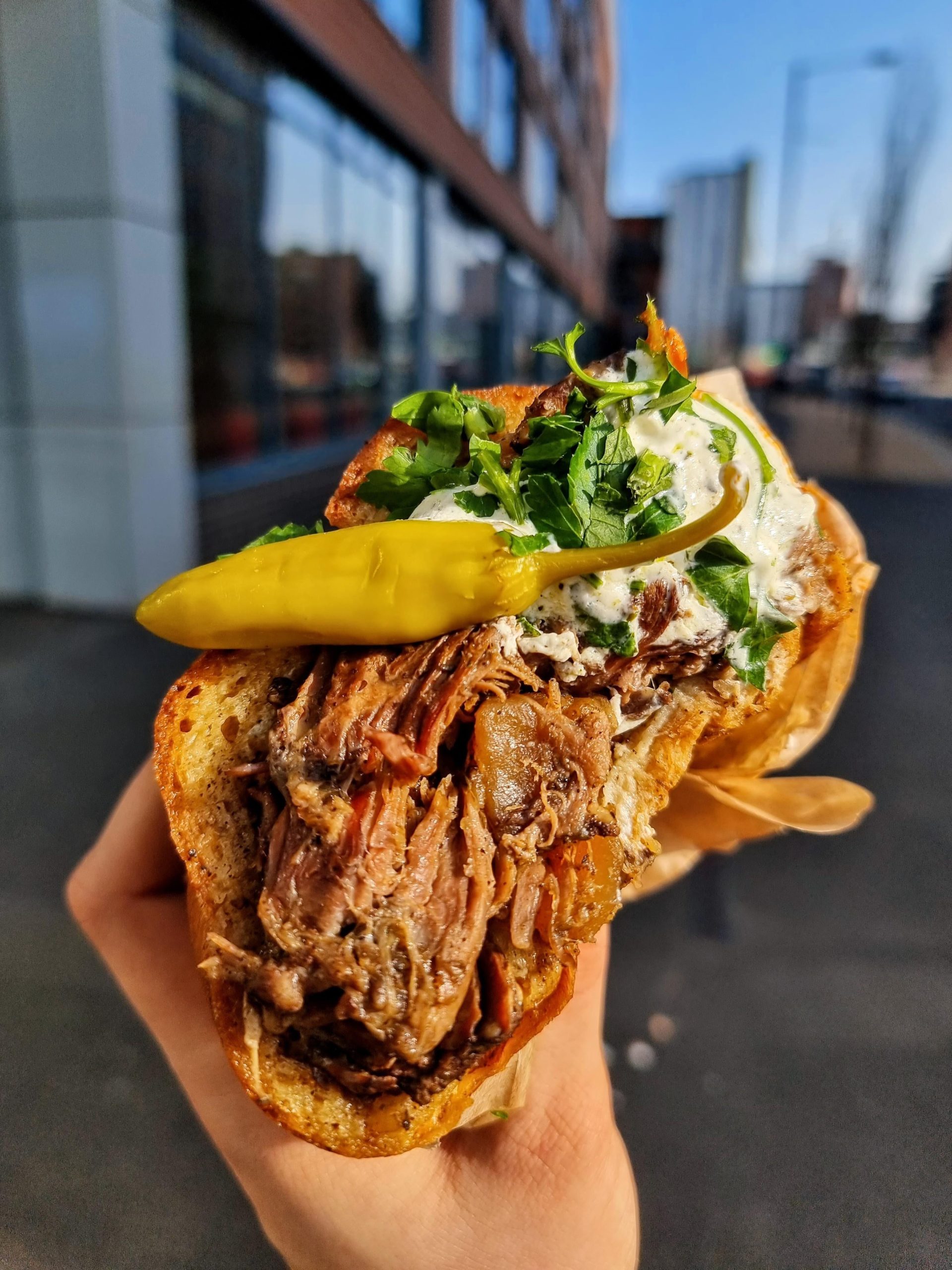 Slow cooked baharat spiced lamb shoulder, za'atar, yoghurt, extra v