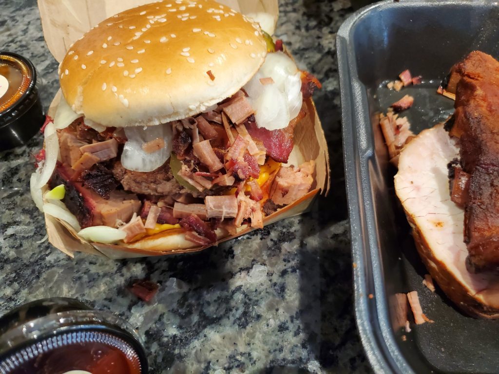 Beef Brisket on a Quarter Pounder with Bacon extra Ketchup, cheese, onions and pickles. no mustard add BBQ sauce