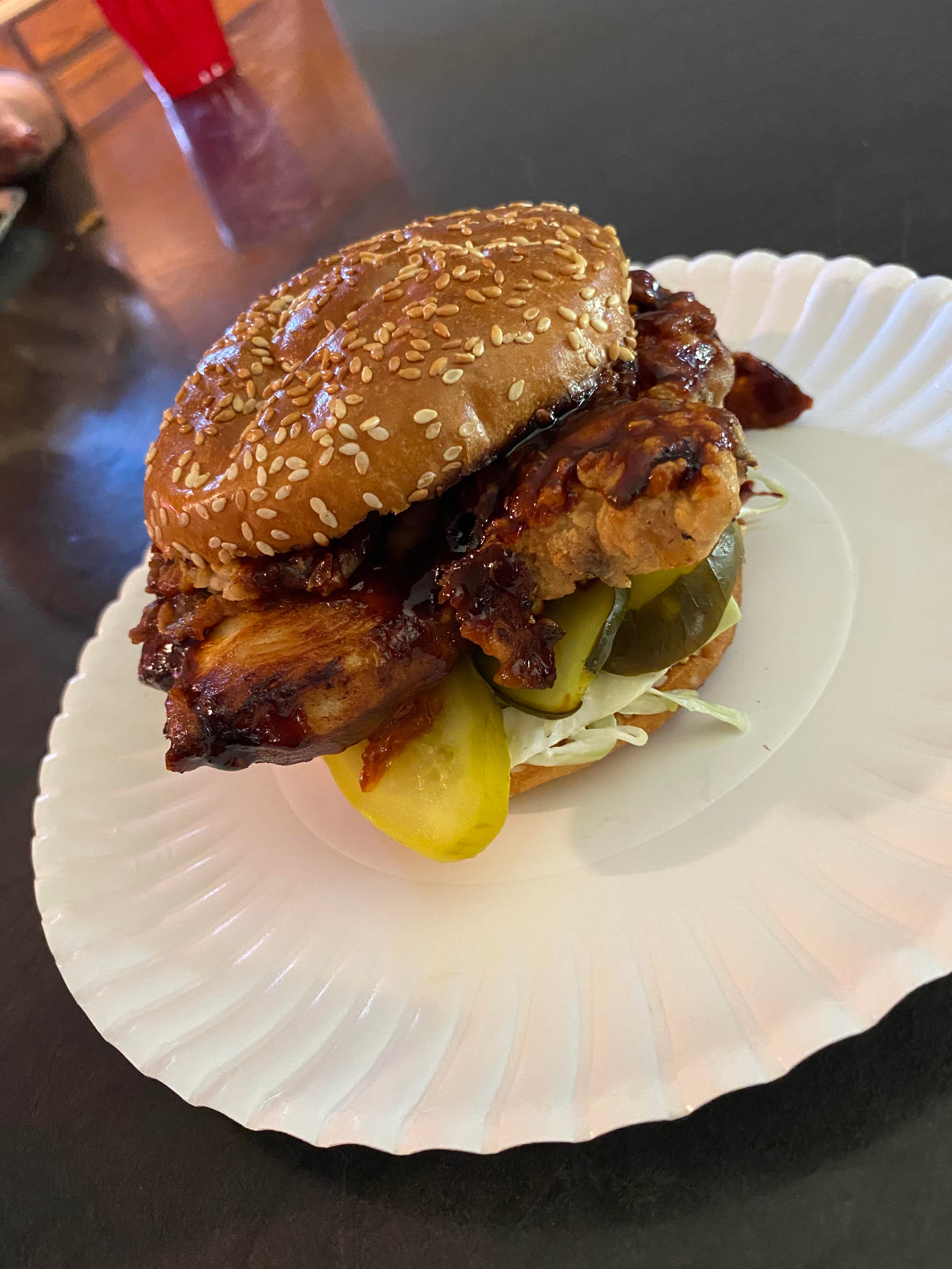 Korean GOCHUJANG fried chicken. With pickles and cabbage slaw. Based on Joshua Weissman’s recipe