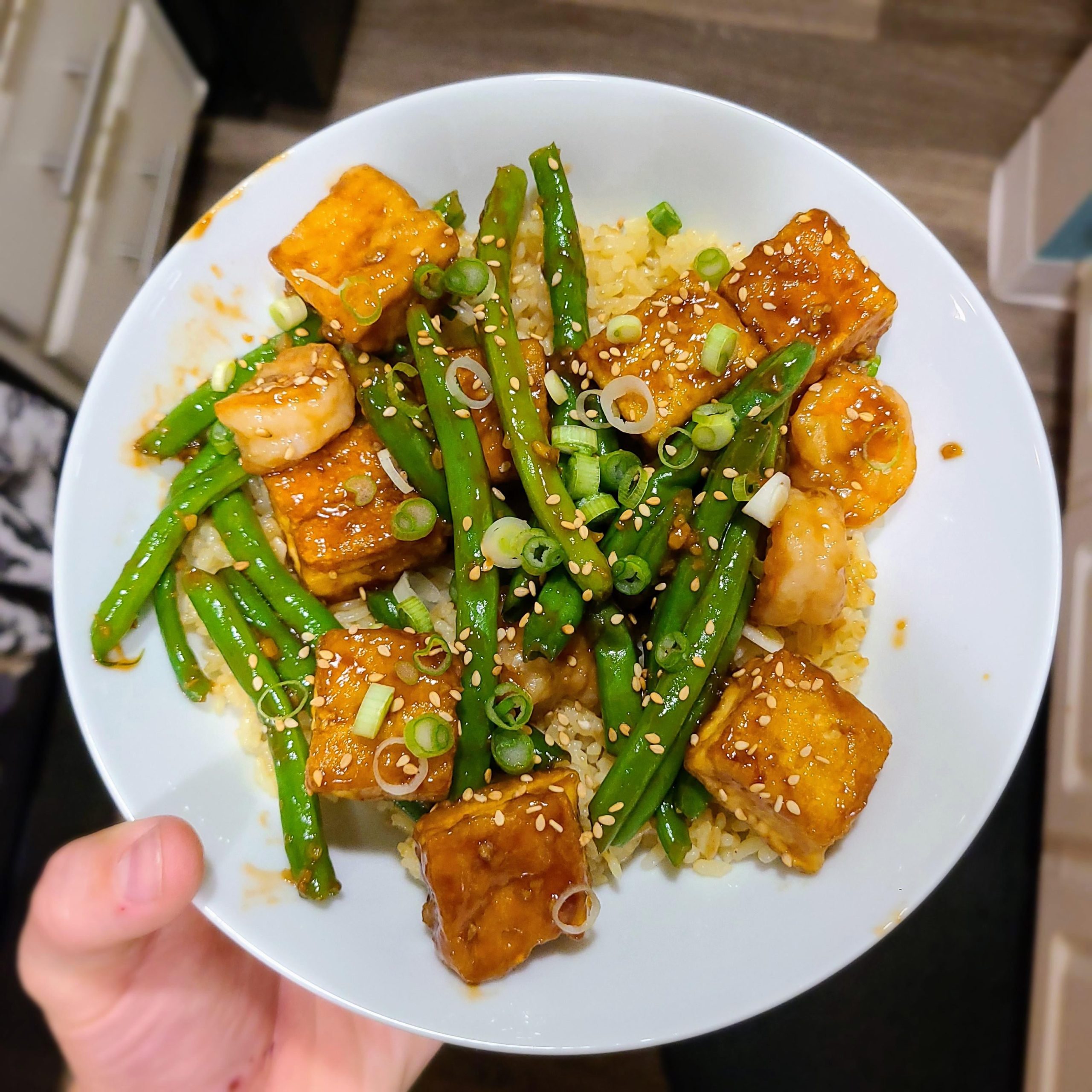 Honeygarlic shrimp & tofu stir fry over rice Dining and Cooking