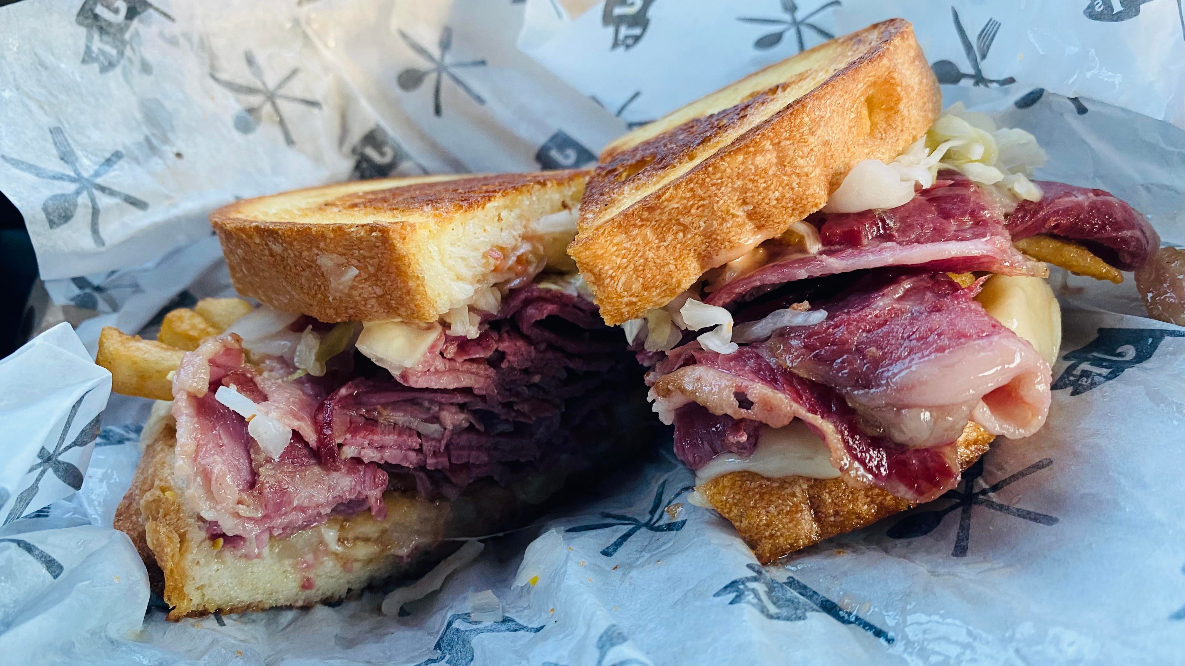 Corned Beef & Cabbage/Pickles, Swiss, 1K Island & Beer Battered Fries Dining and Cooking