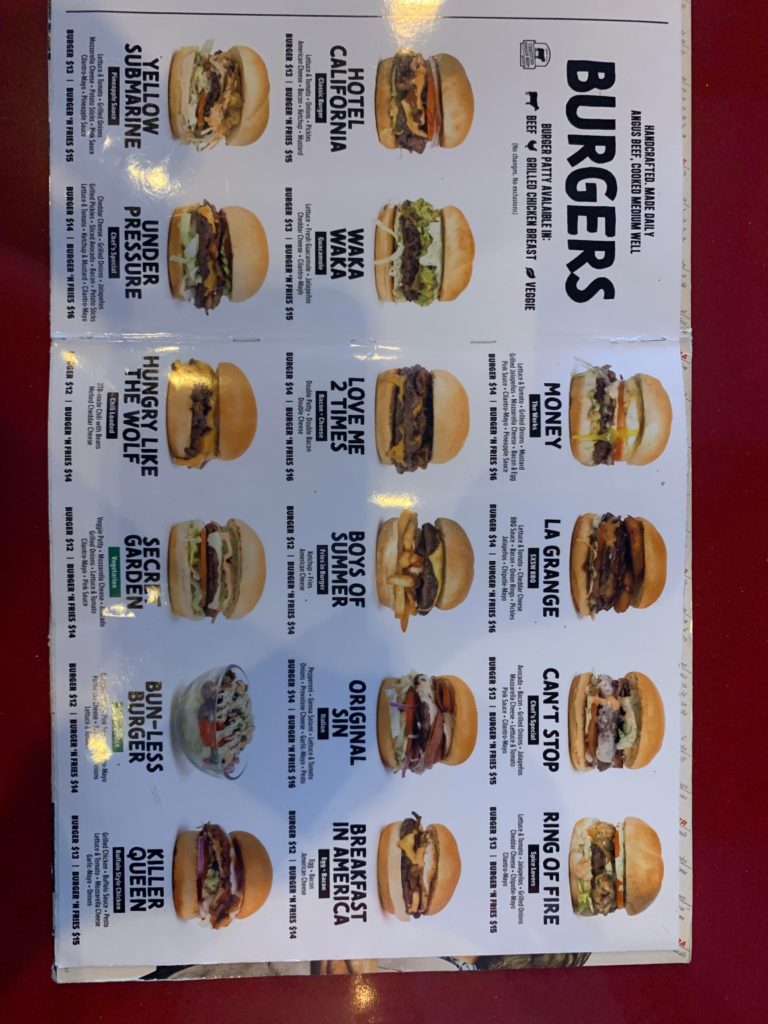 The menu at “rock that burger” best burger joint in miami.