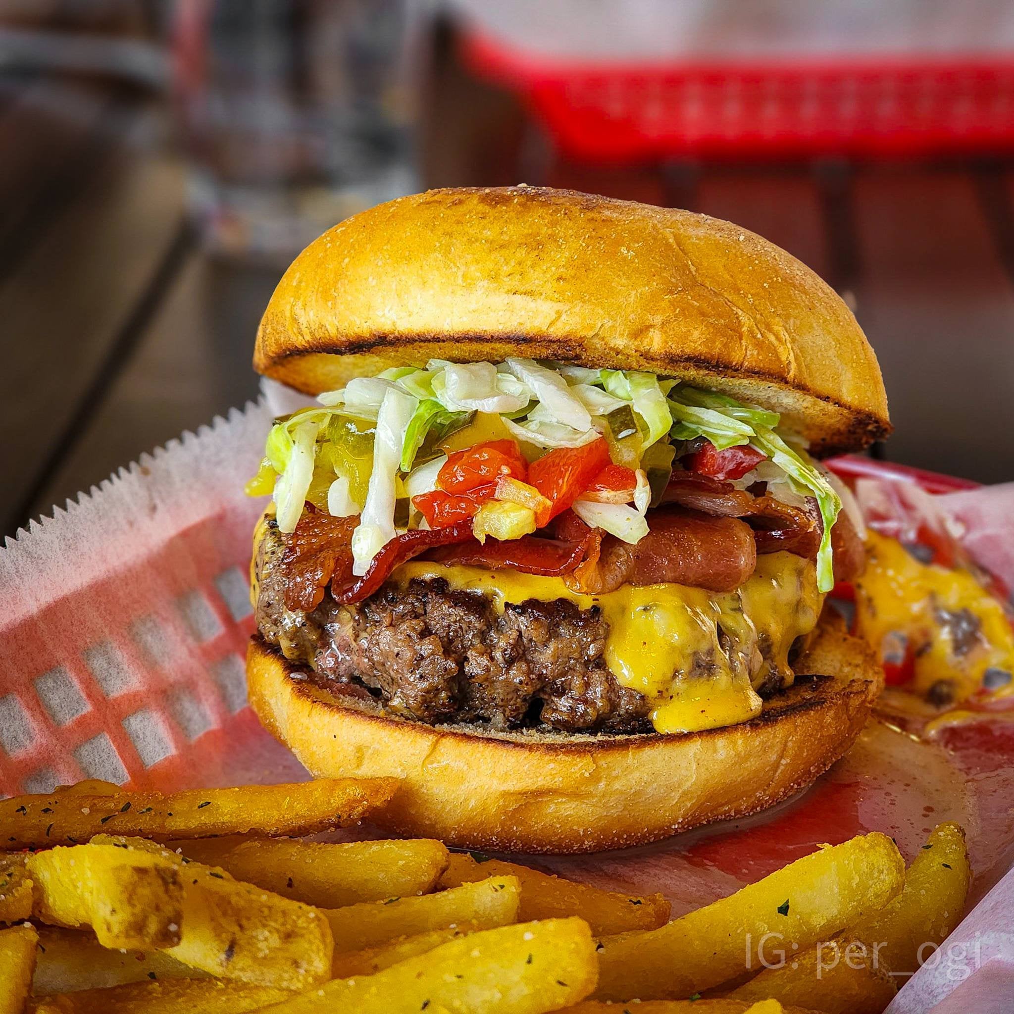 Burger Tuesday w/ american cheese, hot pickle relish, creamy slaw, and