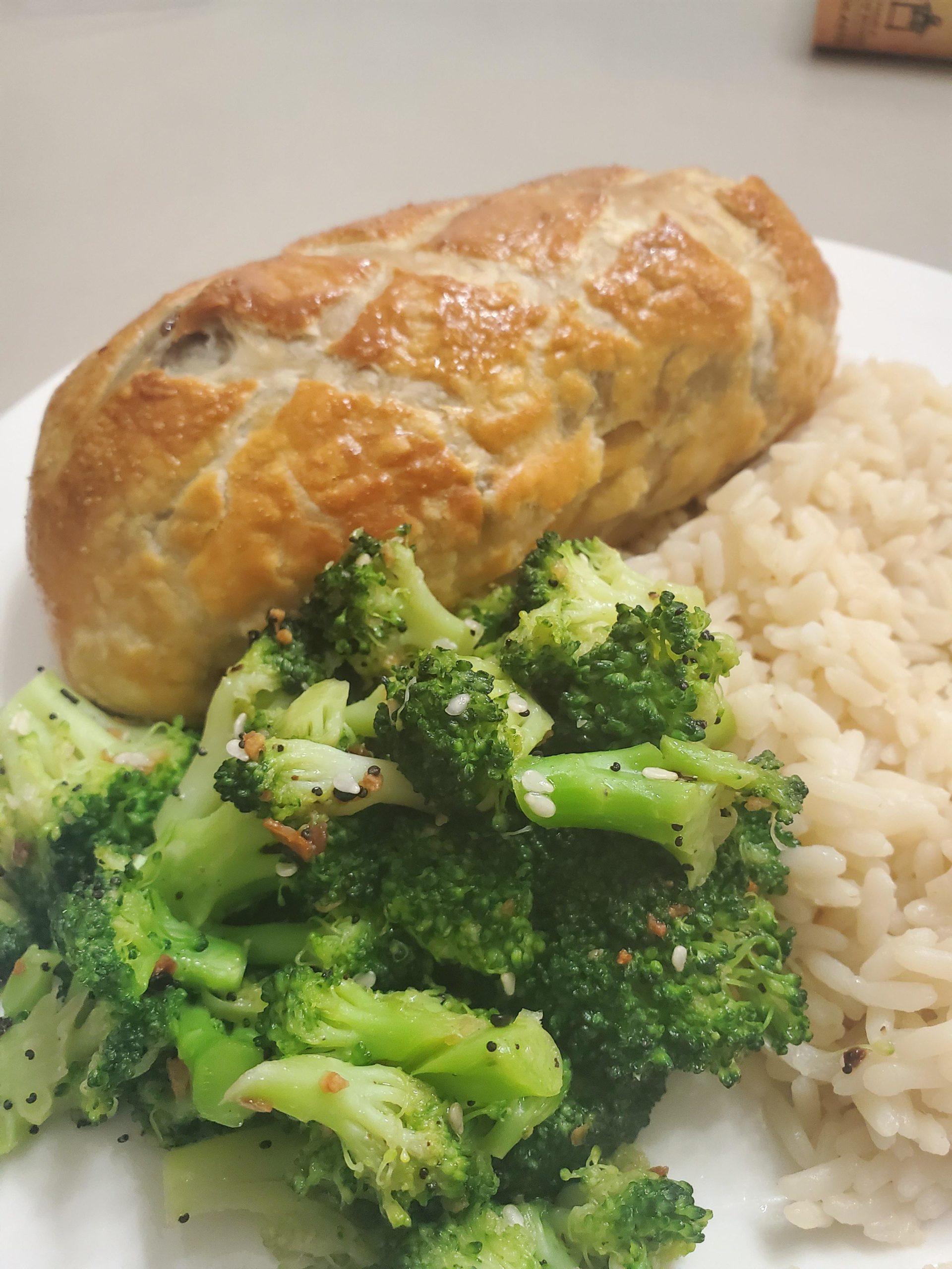 Salmon "Wellington" en Croute, Garlic & Rosemary Rice, Broccoli with