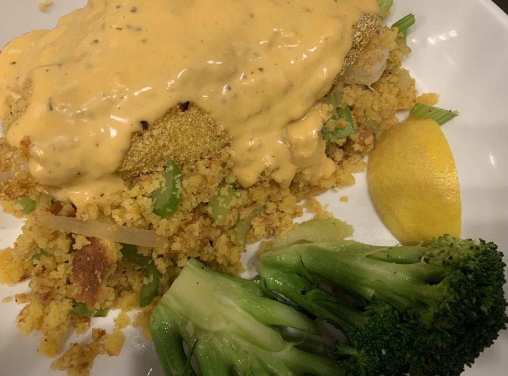 Cornbread Stuffed Catfish with Shrimp and Spicy Hollandaise