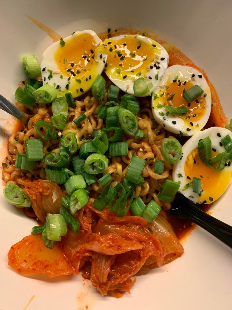 Buldak ramen, kimchi, and soft boiled eggs