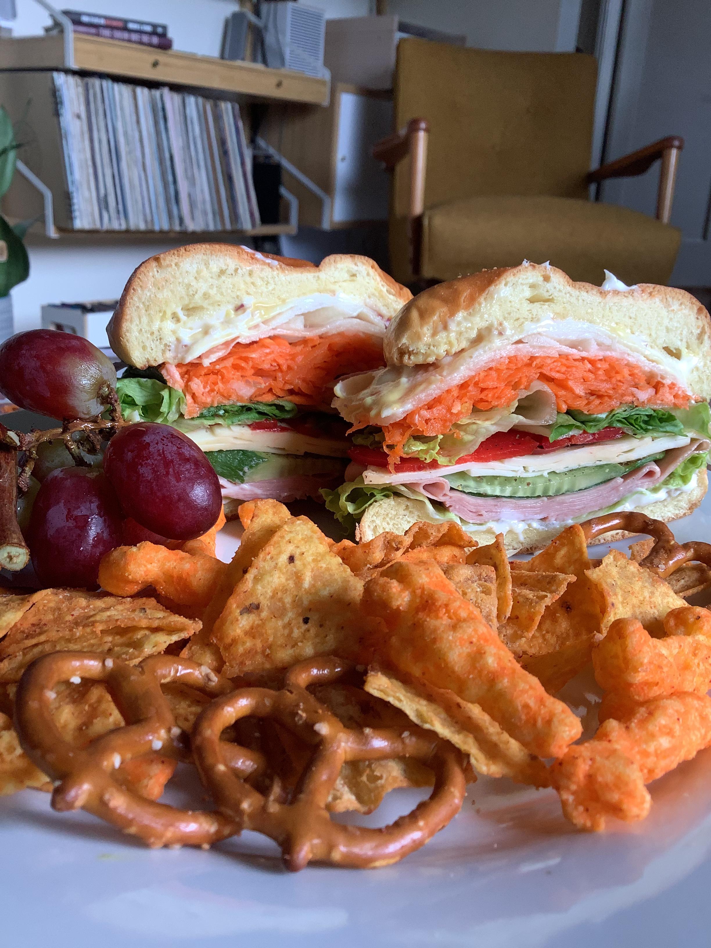 If you want a messy sandwich, add carrots. Turkey and havarti on