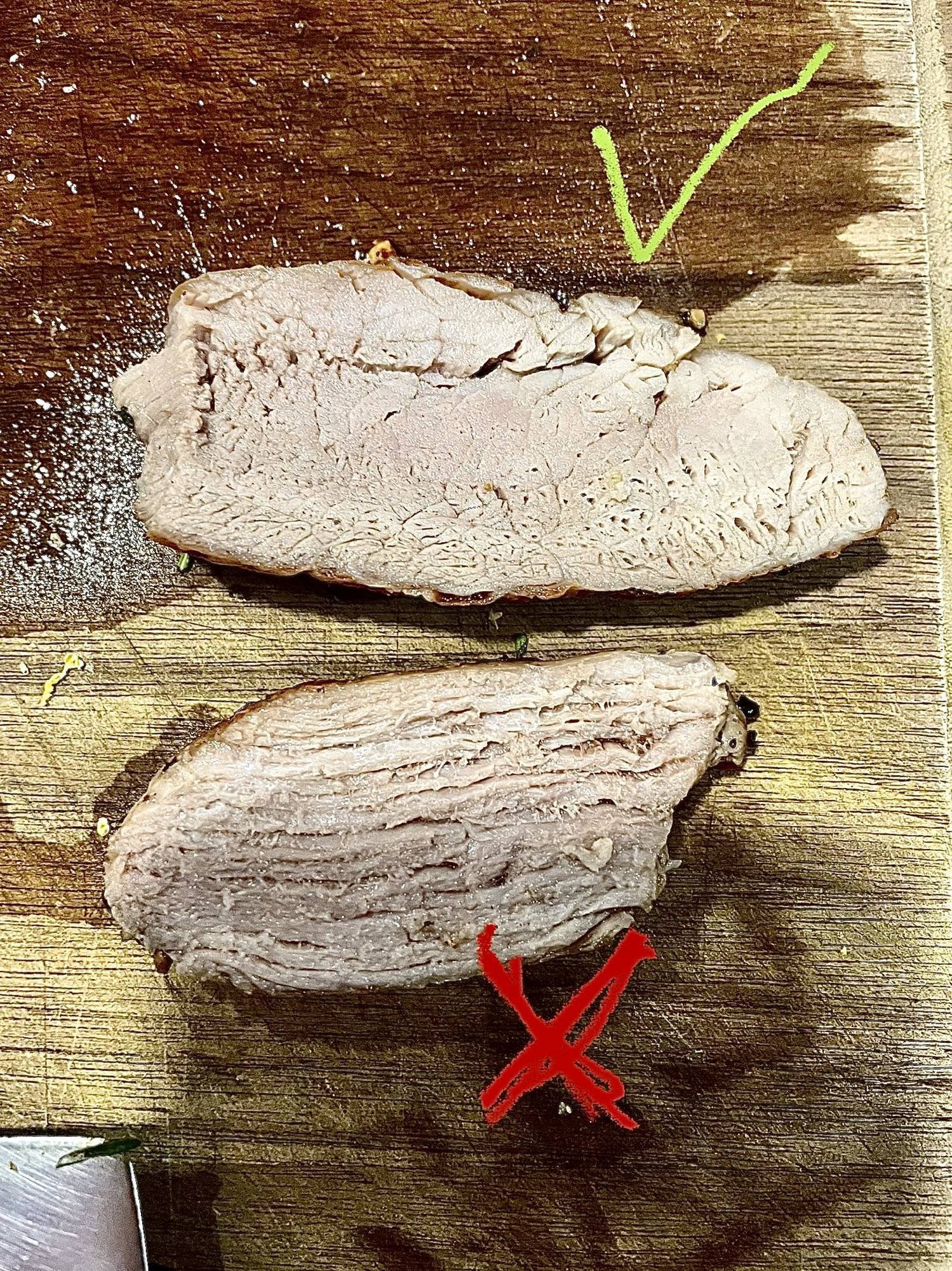 Cutting with the grain vs across the grain. (Yes, it’s pork, but it’s