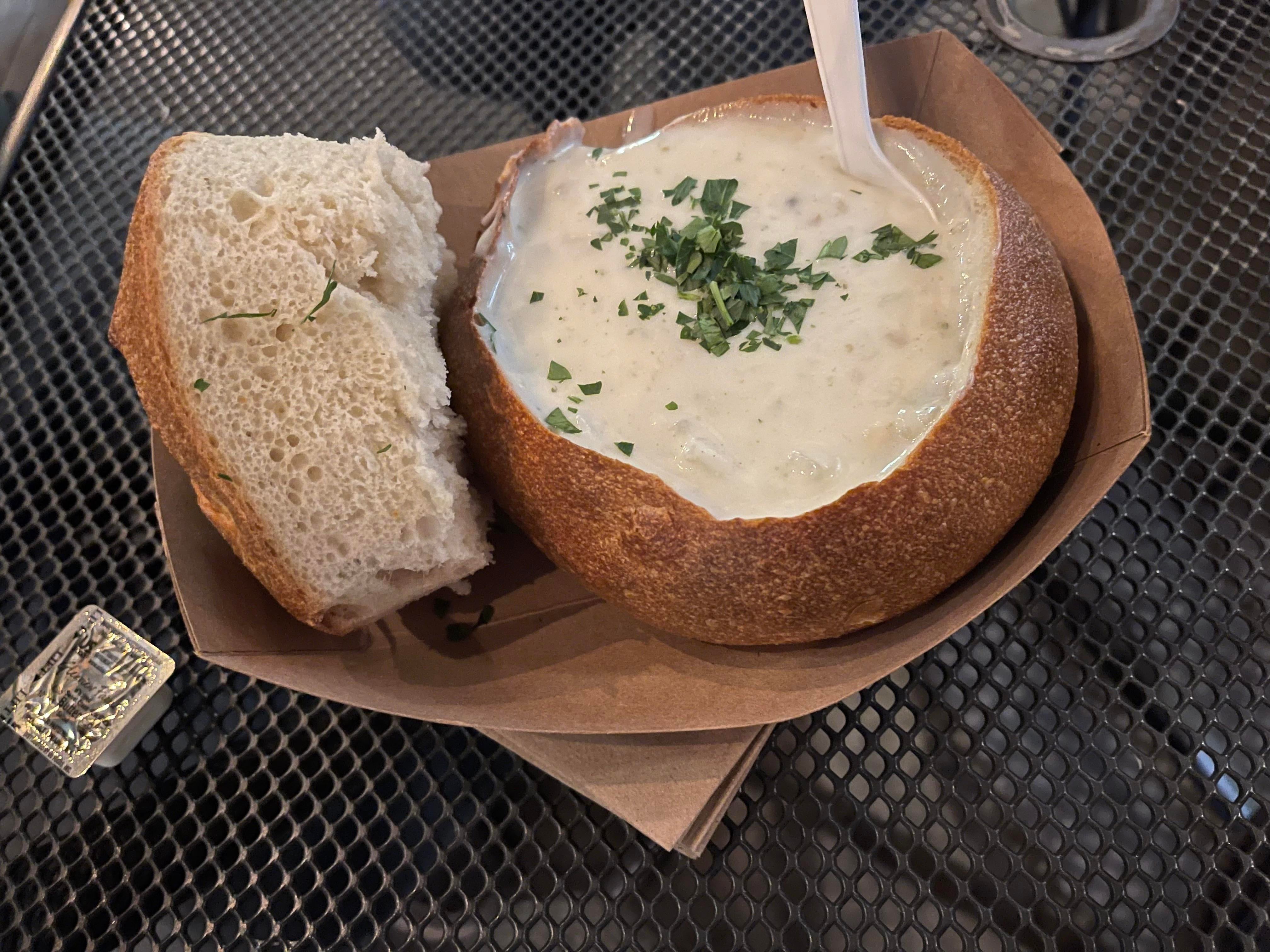 Clam chowder in a sourdough bowl at Fisherman’s wharf. Dining and Cooking