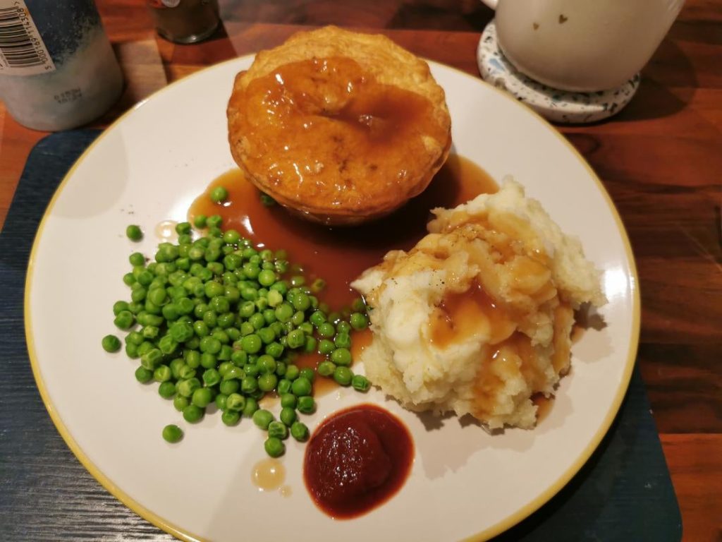 Pie, mash, peas and gravy