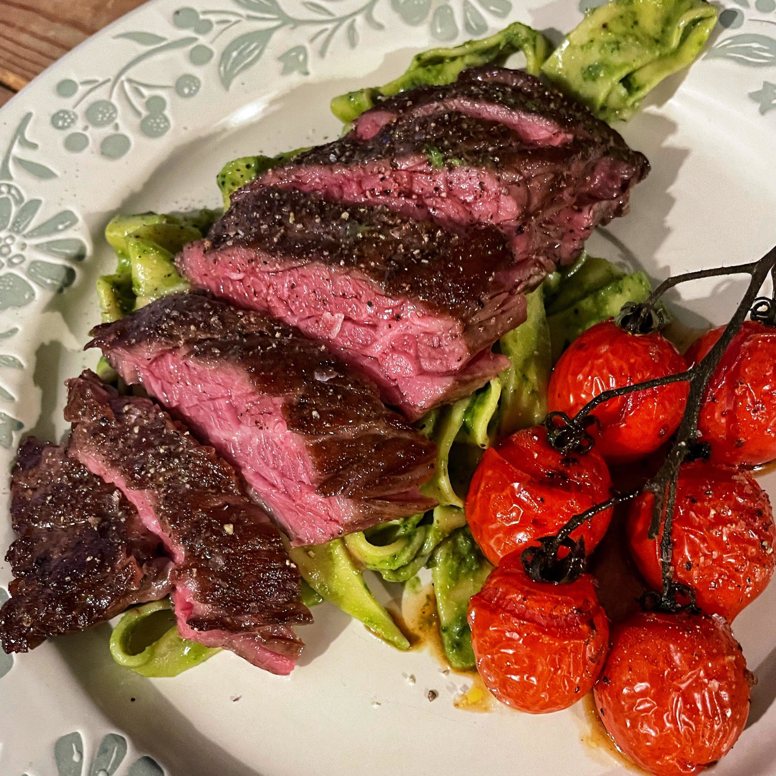 Sous vide Denver steak, fresh pasta with wild garlic pesto and balsamic