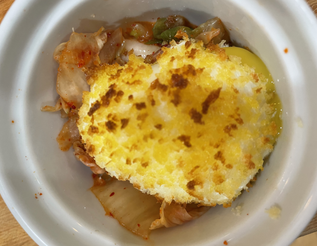 Air Fried Egg Yolk on a bed of Kimchi Dining and Cooking