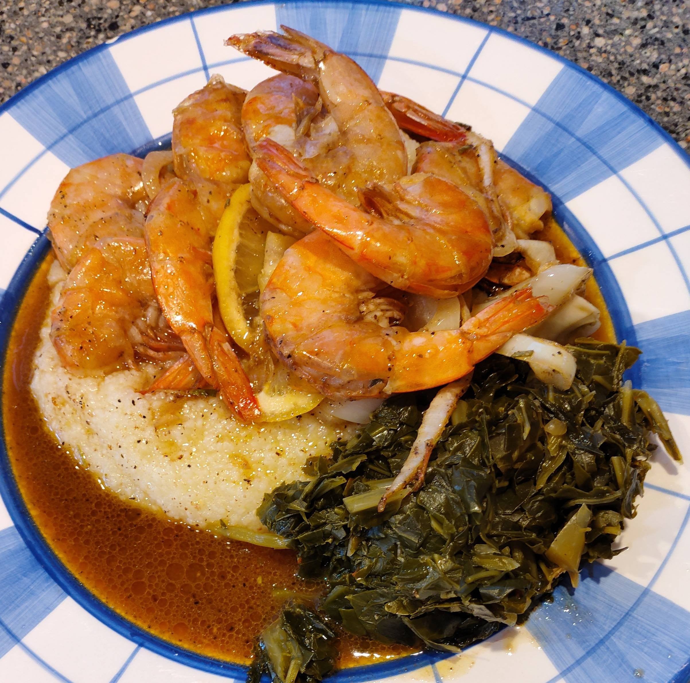 Alabama shrimp bake over grits with collard greens. Dining and Cooking