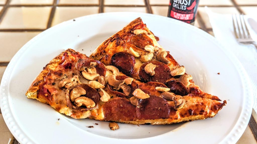 Pepperoni and cashew with ghost pepper chili flakes