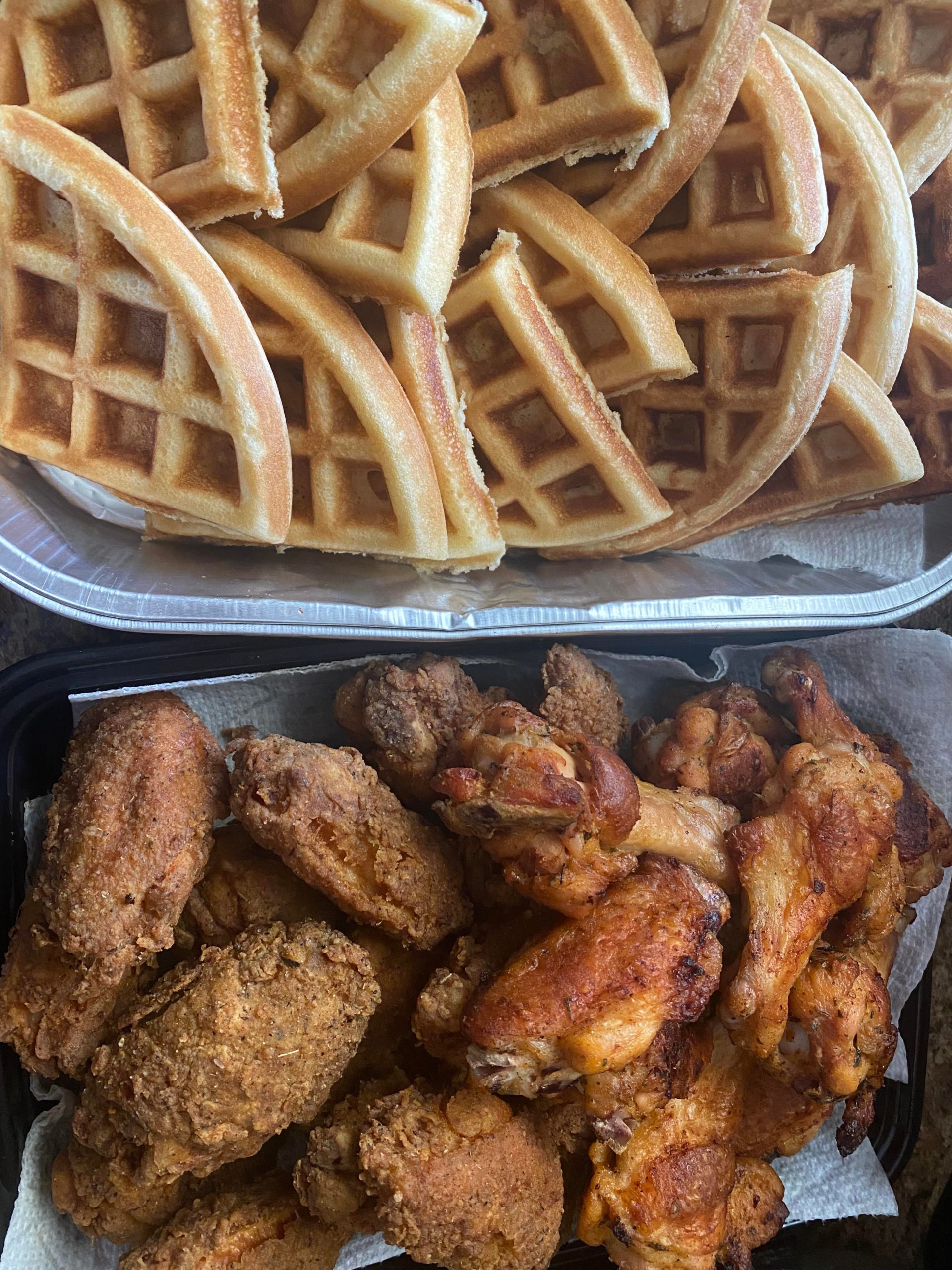 Chicken (wing baked and fried) and waffles! 😋 Dining and Cooking