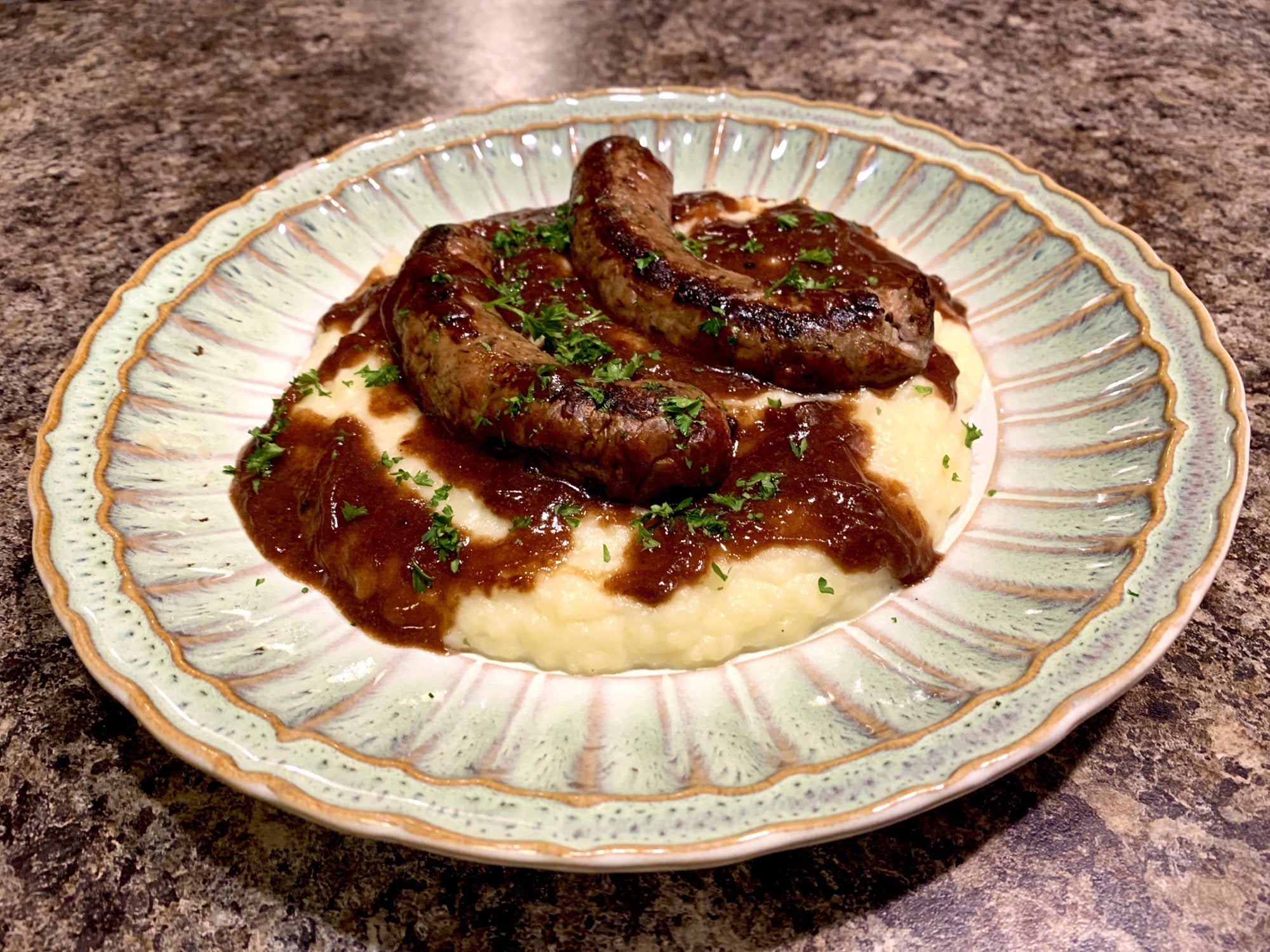 Bangers and Mash w/ Caramelized Onion Gravy Dining and Cooking