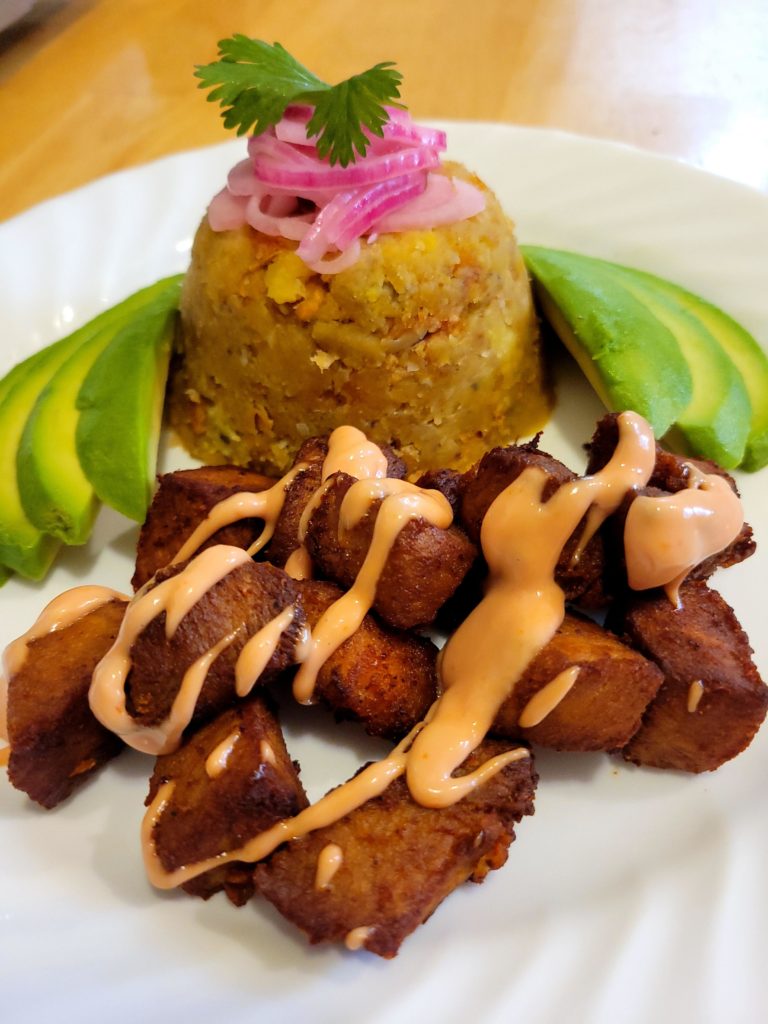 Mofongo con Carne Frita (Puerto Rican-style mashed fried plantains & fried pork)