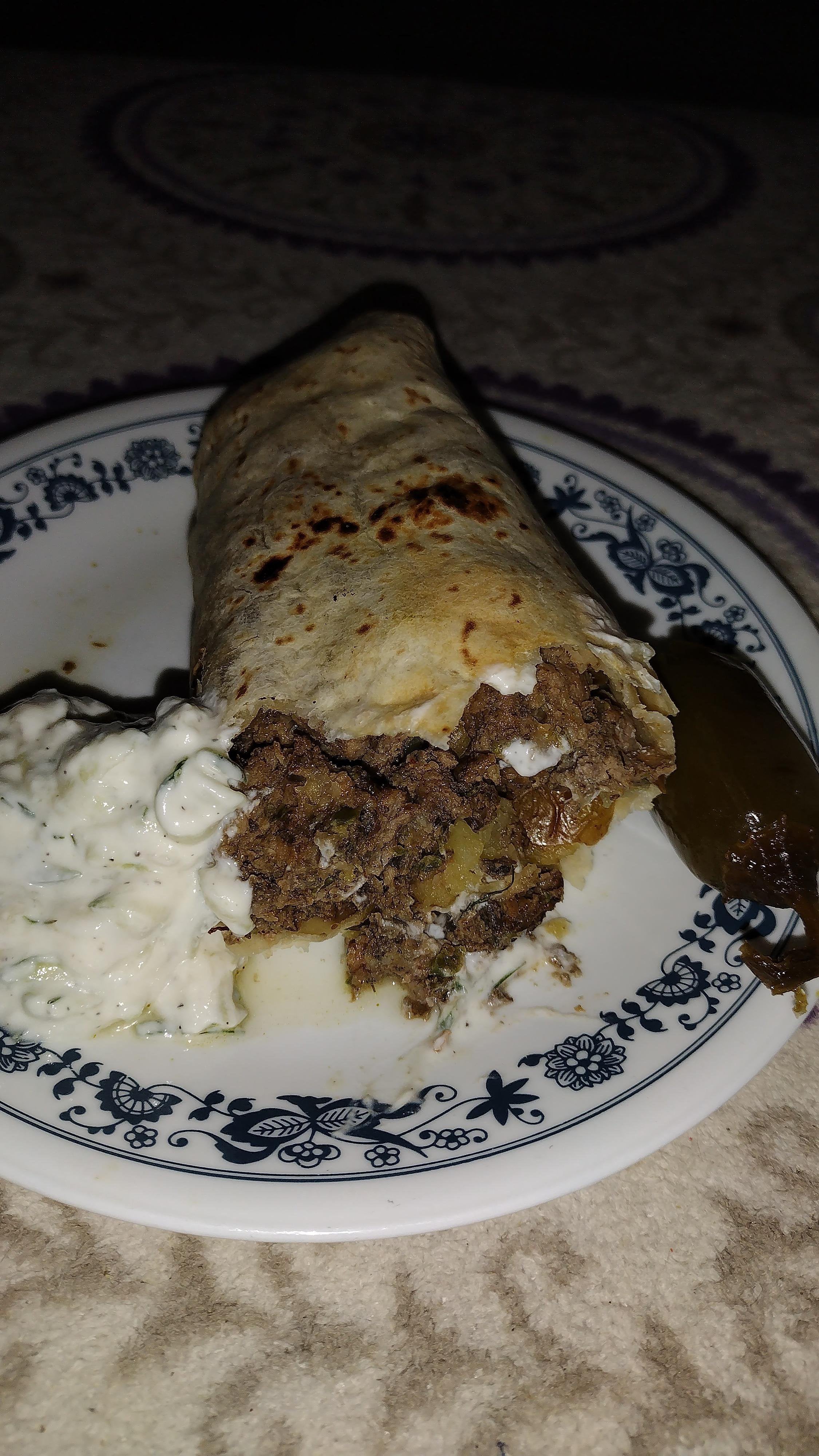 Last night's lamb kabobs, are tonight's burritos, with tzatziki sauce