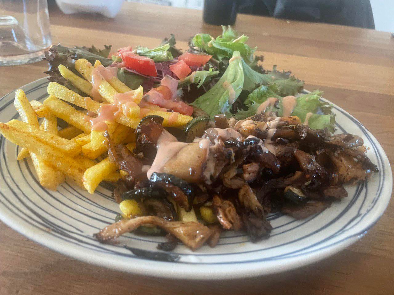 Threw some leftovers together. Oyster mushroom kebab plate Dining and