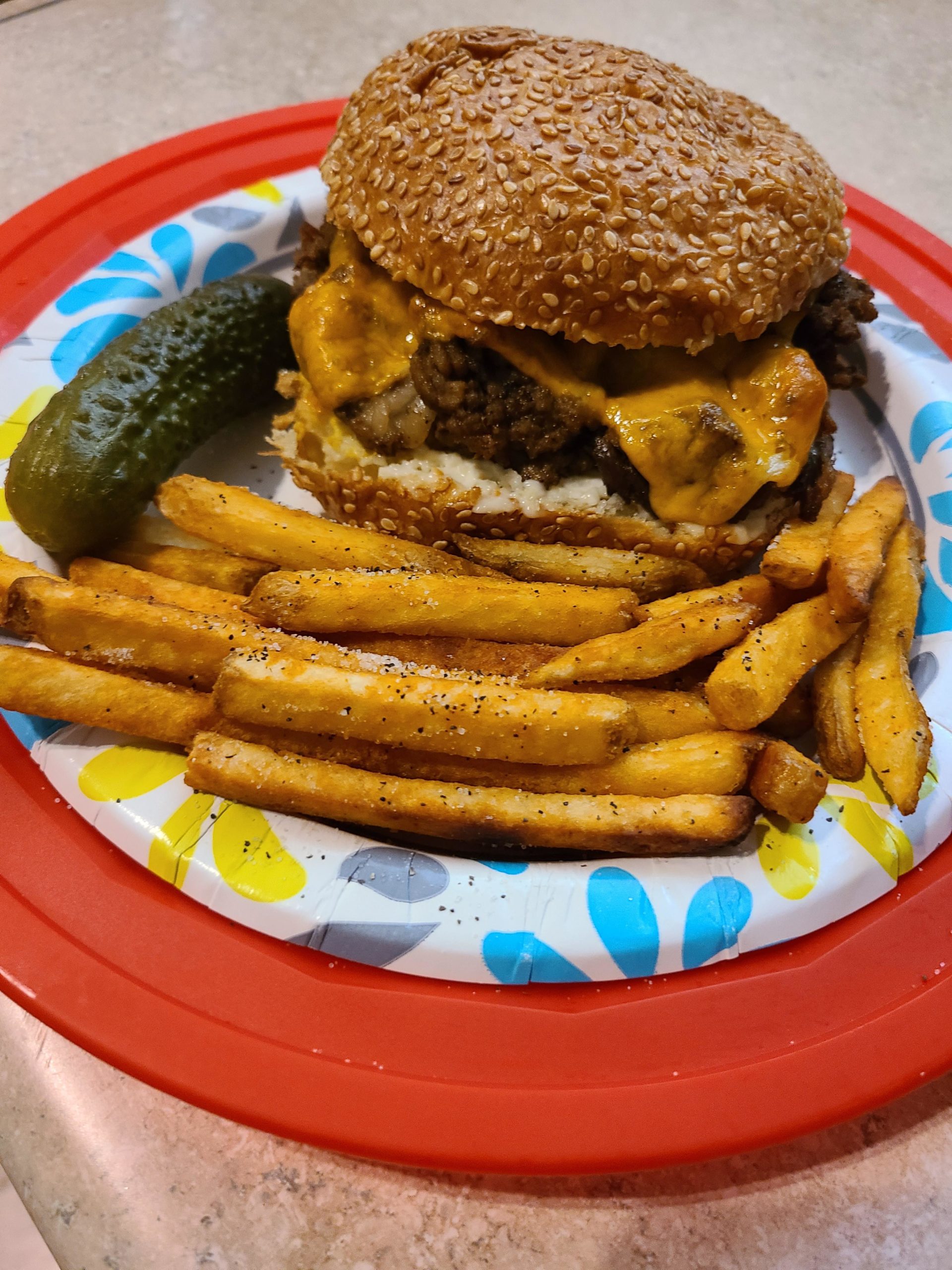 Plenty O' Leftovers Burger w/ fries & a pickle. Patty consists of