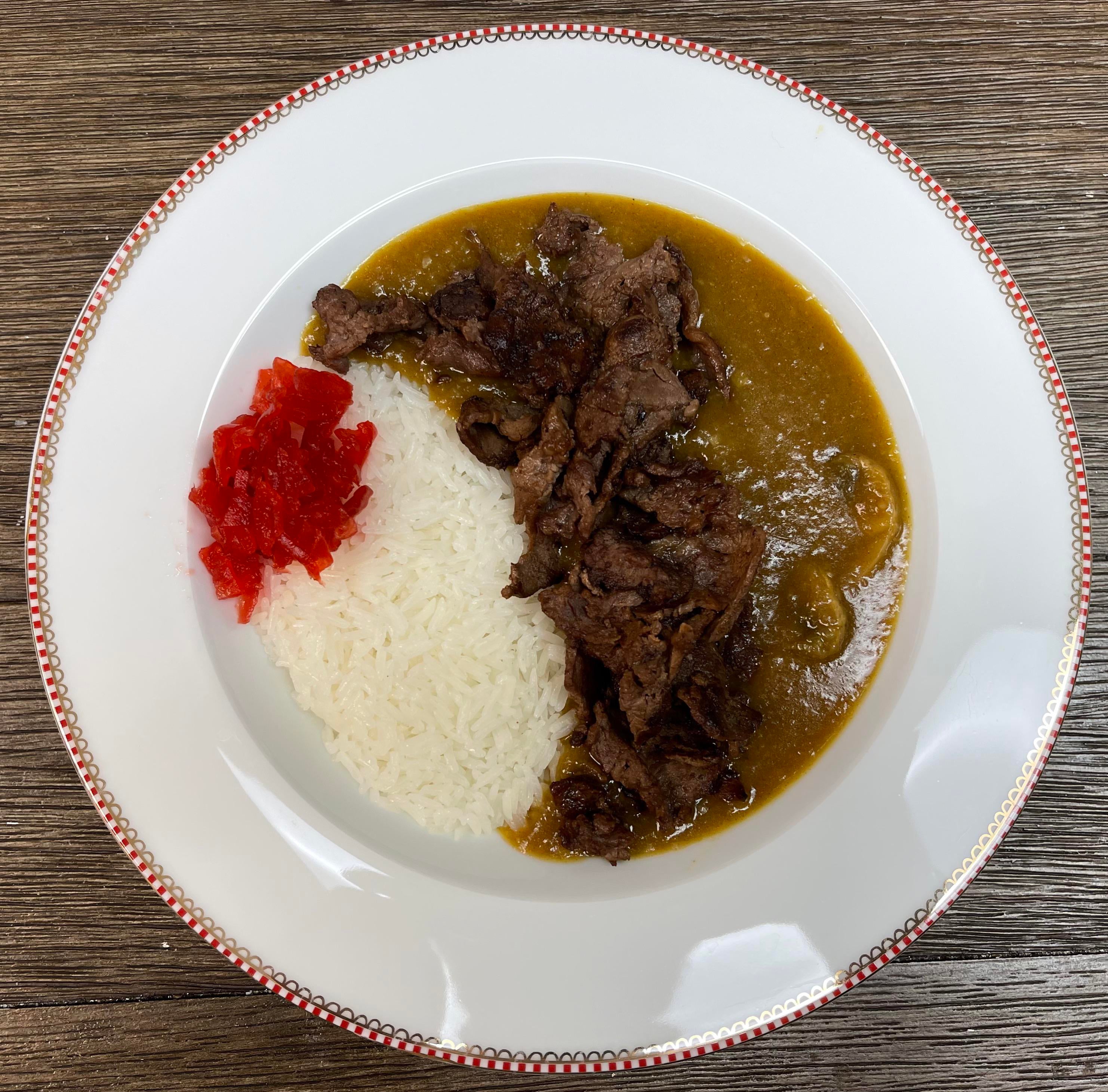 Japanese Curry with Sliced Sirlion and Fukujinzuke (Red Pickles