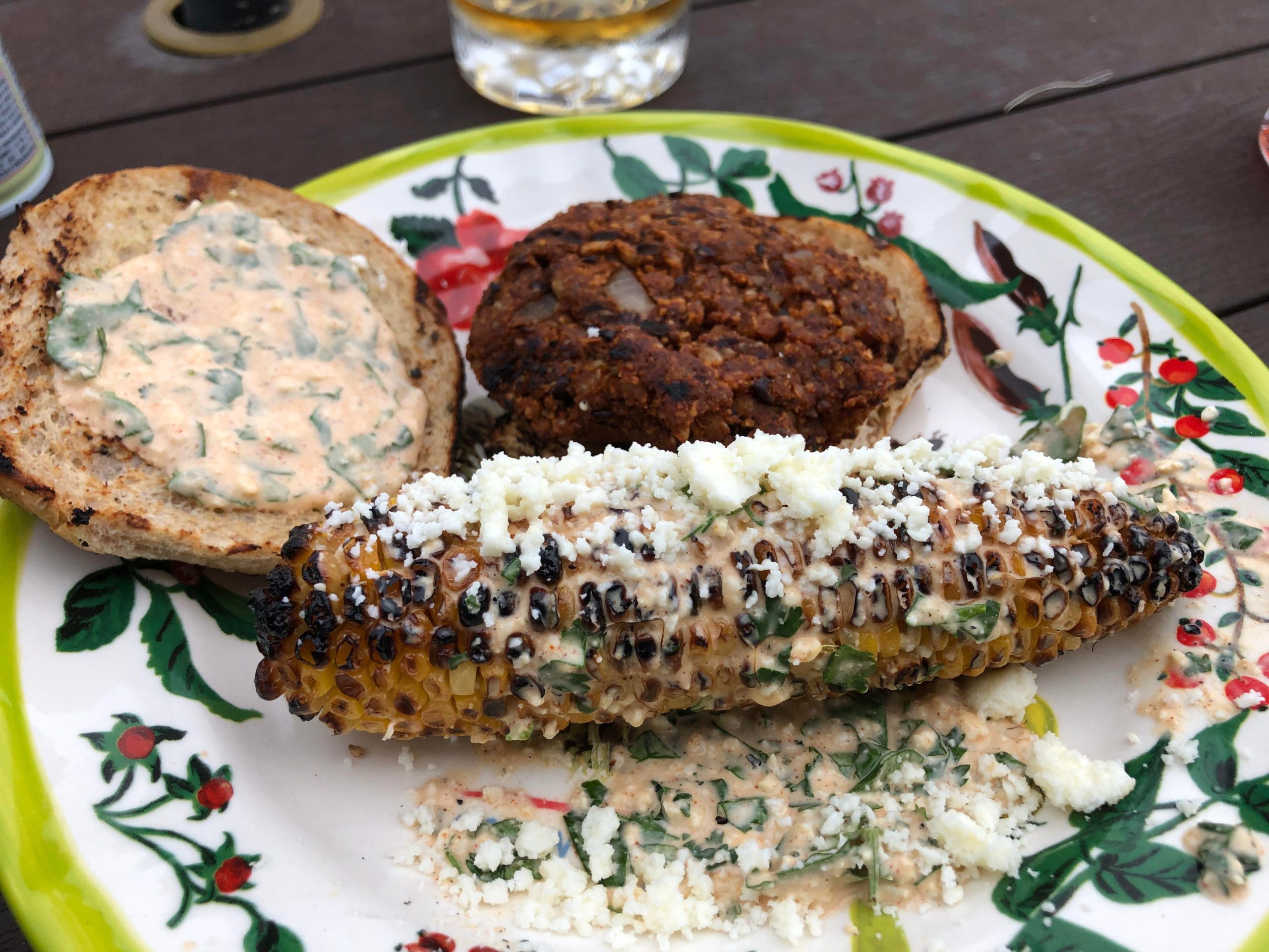 Black bean patty and Mexican street corn Dining and Cooking