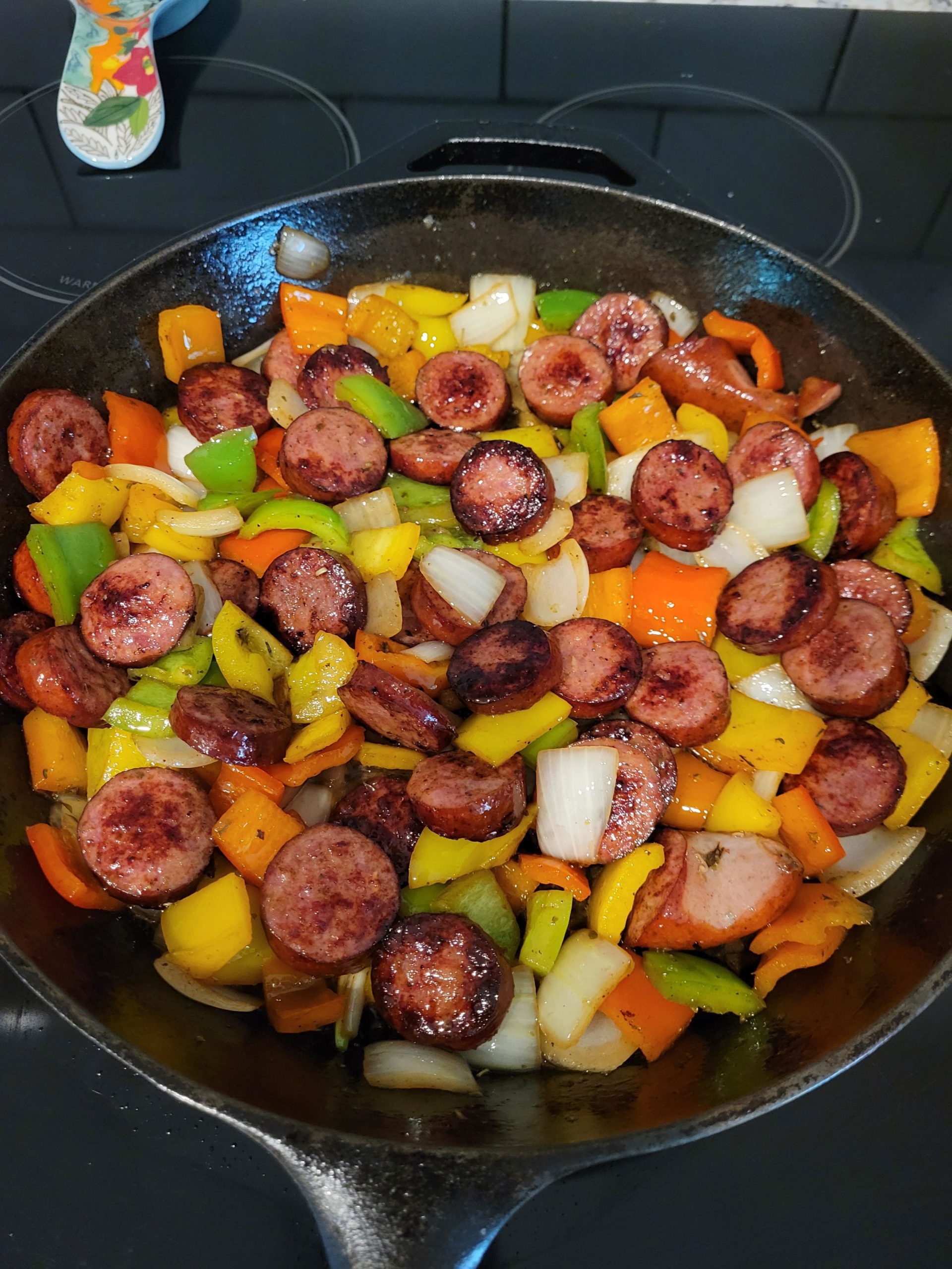 Kielbasa, onions, and tribell. Dining and Cooking