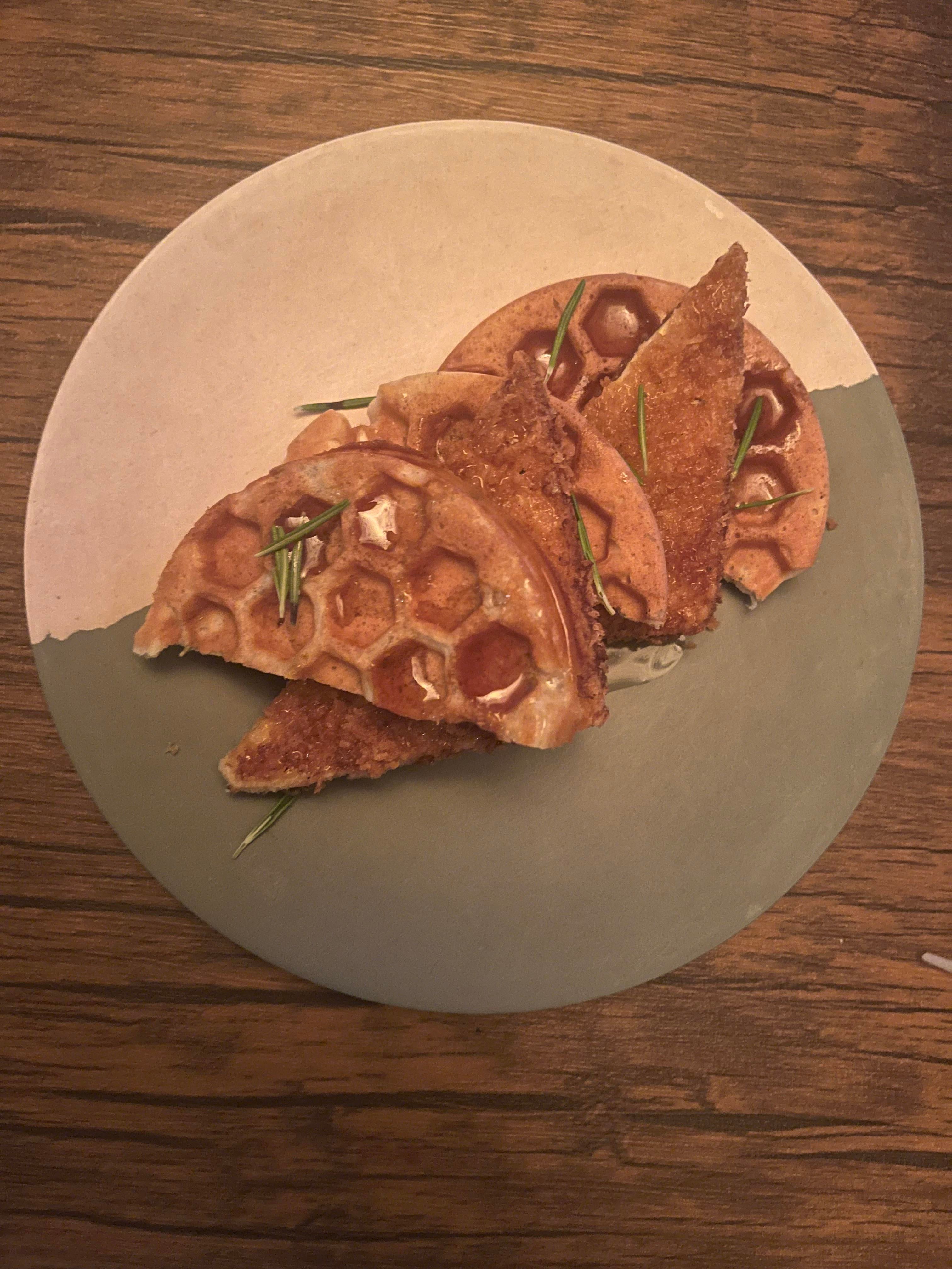 Rosemary waffle, fried tofu, spicy syrup. Dining and Cooking