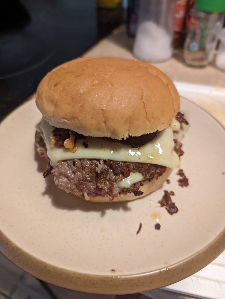 Quick lunch burger. 10 minutes to make, 5 minutes to eat.
