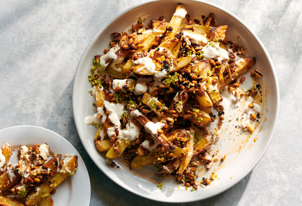 Oven Fries With Tahini Yogurt and Smoky-Sweet Nuts