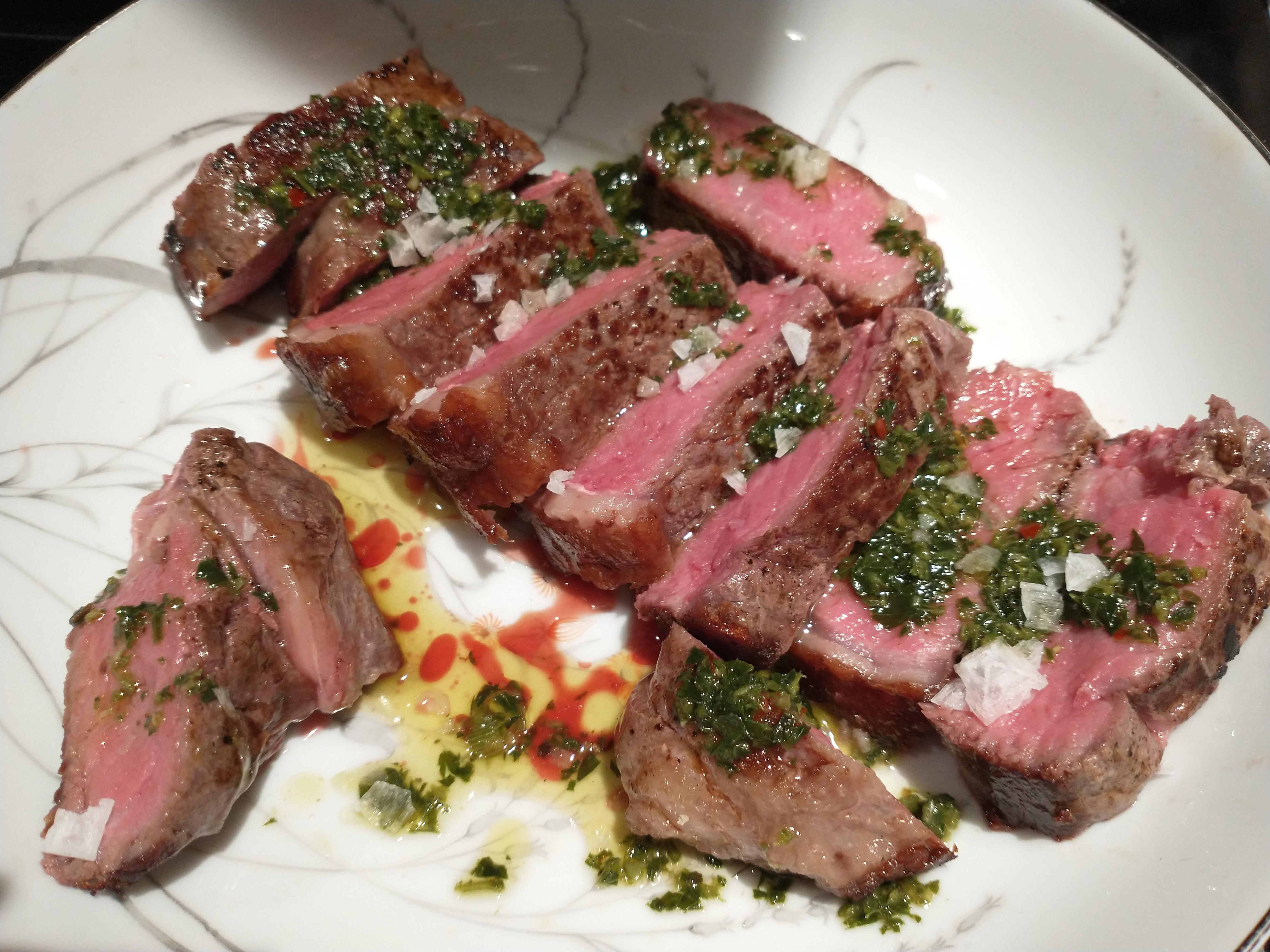 Ribeye, chimichurri, flaky sea salt. Dining and Cooking