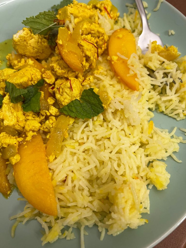 My fiancé made vegetarian Khoresh Hulu, a Persian dish that I liked way more than I thought I would! It’s rice, peaches, tofu, onions, mint, saffron, and various spices.