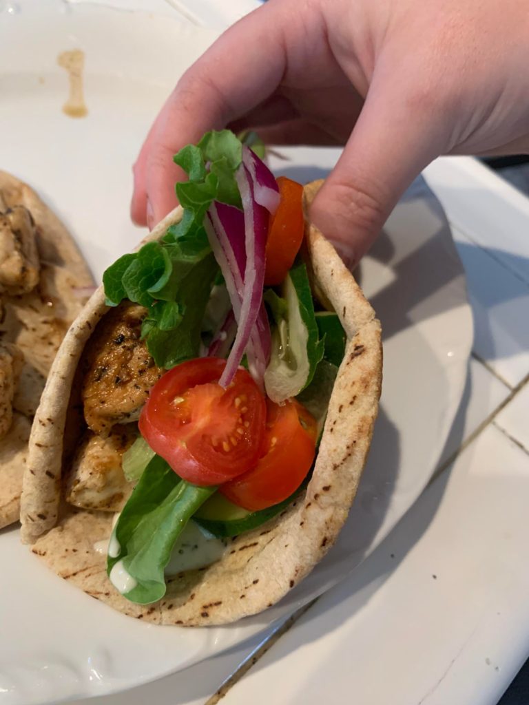 Mini Chicken Gyros for 270 cal each. Having 2 is extremely filling!