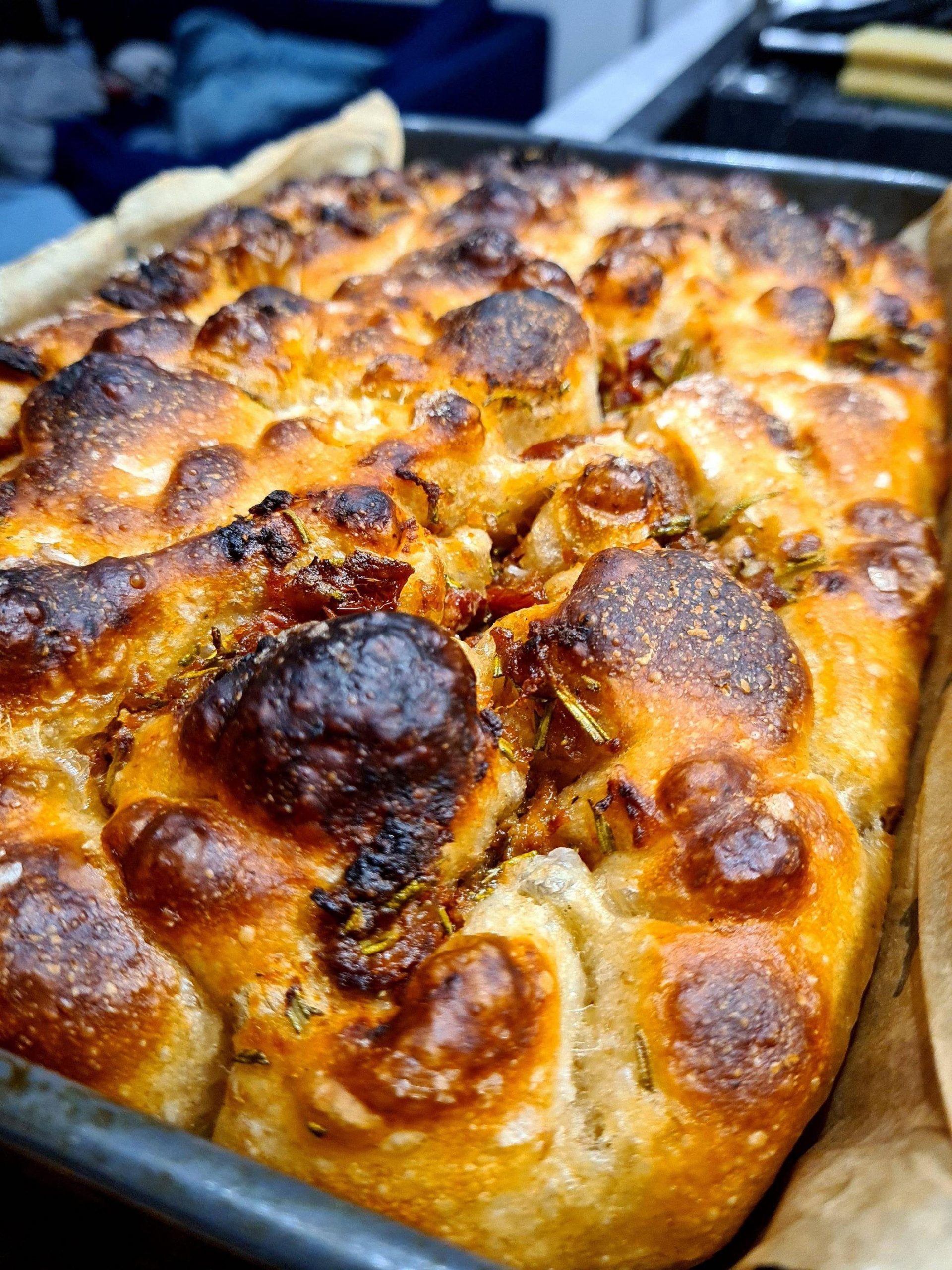 Crispy, crunchy, soft and chewy. Sourdough focaccia with roasted garlic