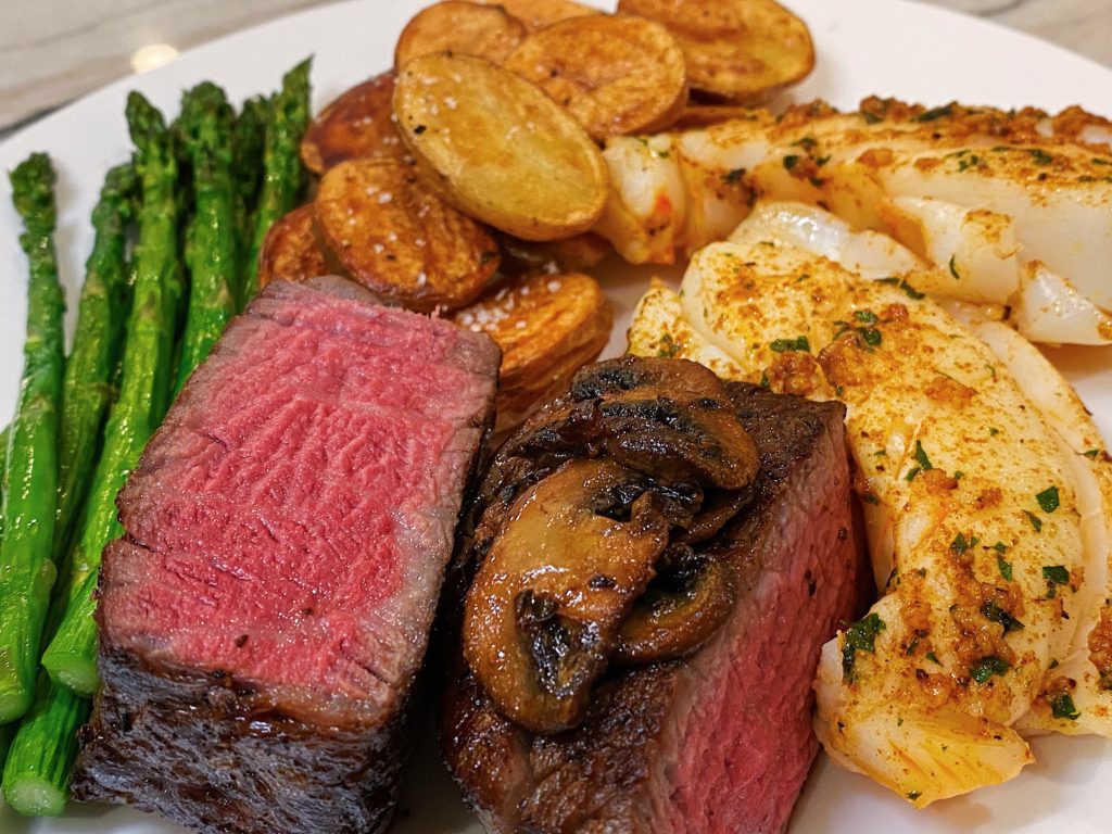 Homemade filet and garlic butter spiny lobster tails
