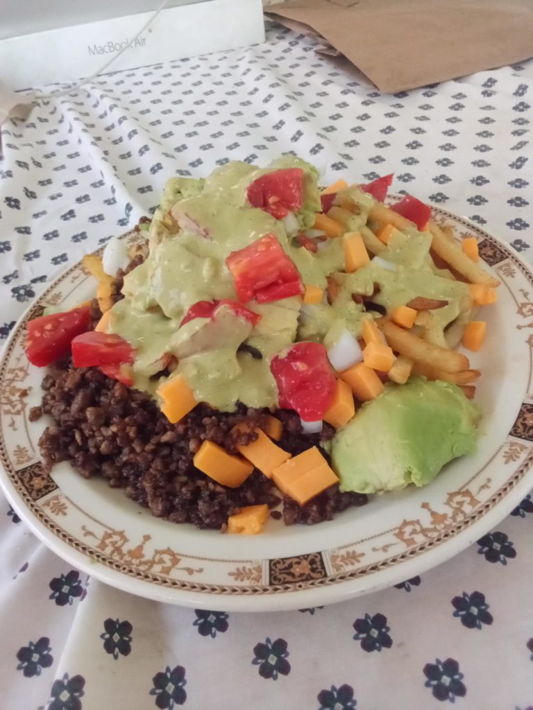Vegetarian nacho fries with vegelite fake ground meat